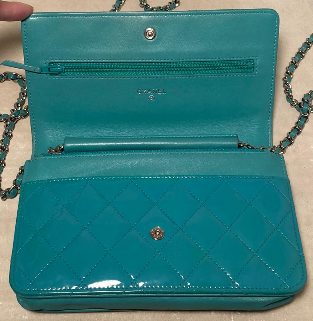 Chanel Teal Patent Leather WOC Wallet on a Chain  In Excellent Condition In Philadelphia, PA