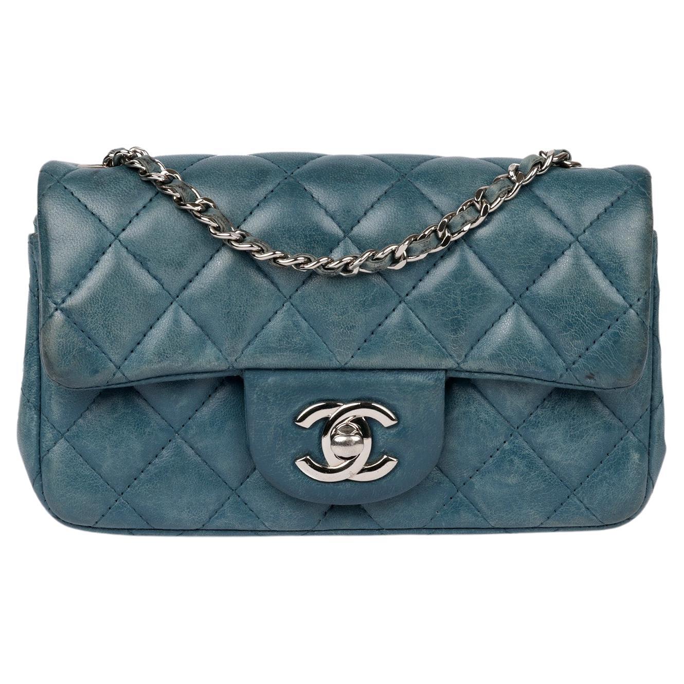 Chanel Teal Quilted Aged Lambskin Mini Rectangular Flap Bag For Sale