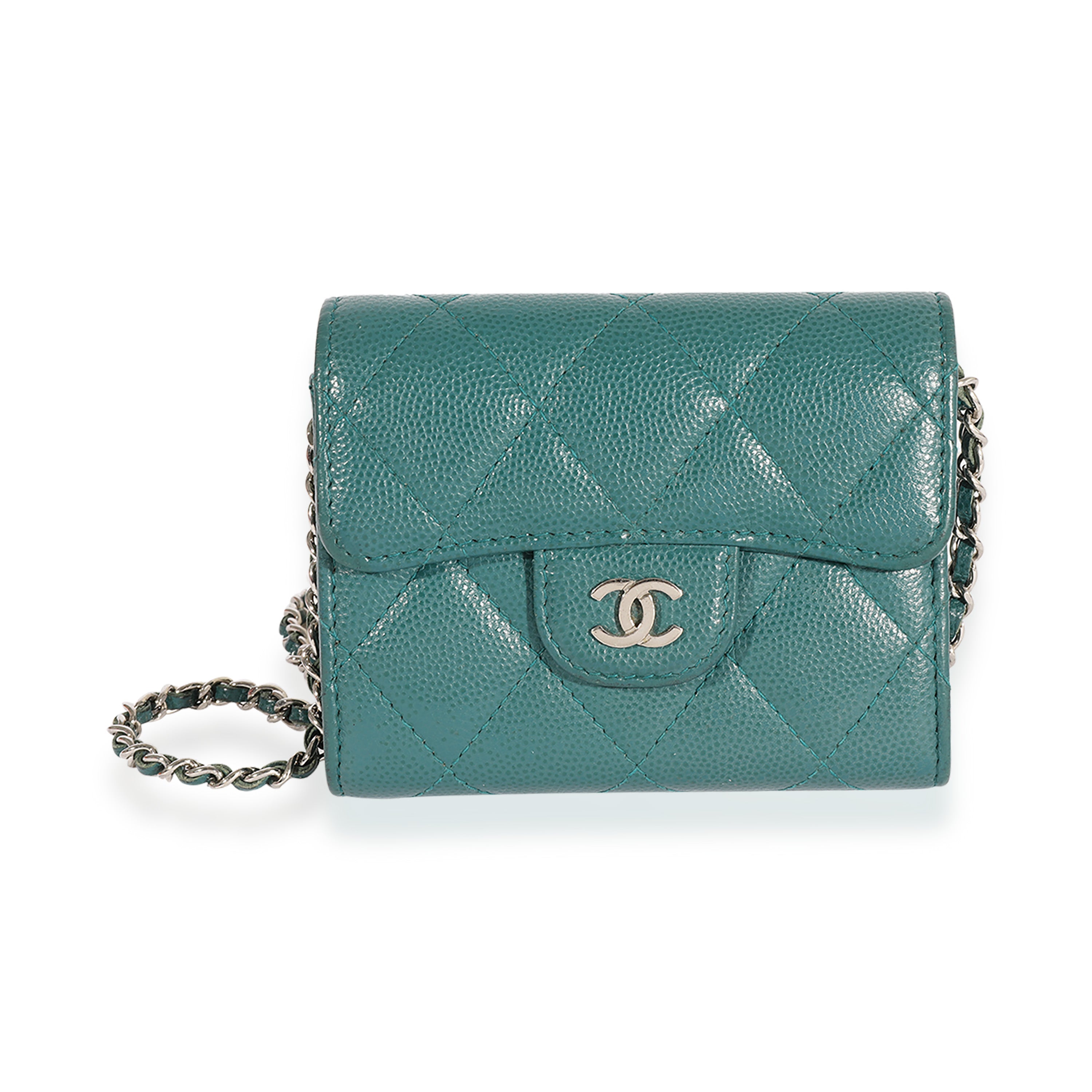 Chanel Teal Quilted Caviar Classic Card Holder on Chain For Sale