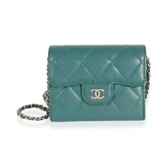 Vintage Chanel Teal Quilted Caviar Classic Card Holder on Chain