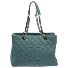 Chanel Teal Quilted Caviar Leather Grand Shopper Tote