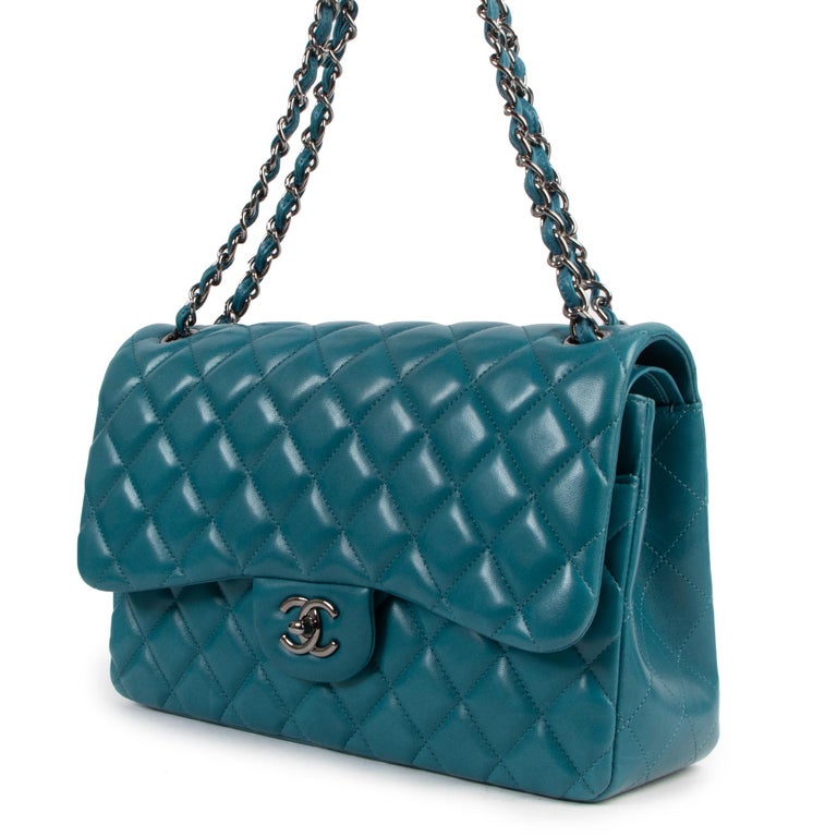 Chanel Teal Quilted Lambskin Leather Jumbo Classic Double Flap Bag at ...