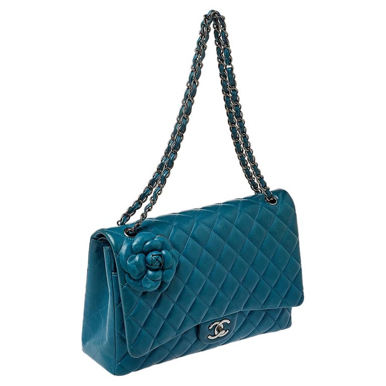 Chanel Teal Quilted Leather Maxi Camellia Applique Double Flap Bag at ...