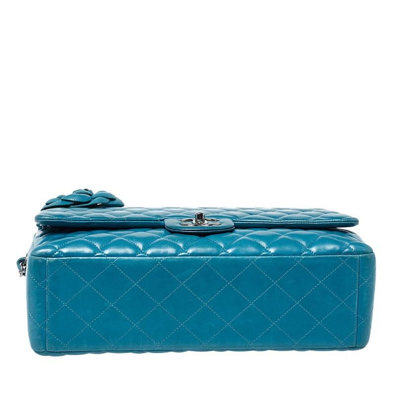 Blue Chanel Teal Quilted Leather Maxi Camellia Applique Double Flap Bag