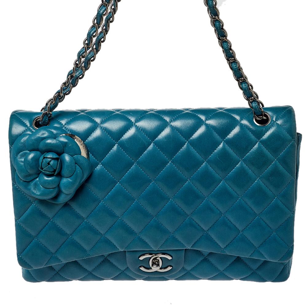 Women's Chanel Teal Quilted Leather Maxi Camellia Applique Double Flap Bag