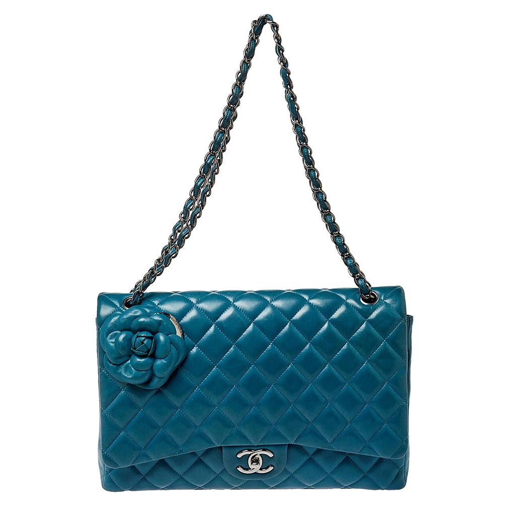 Chanel Teal Quilted Leather Maxi Camellia Applique Double Flap Bag