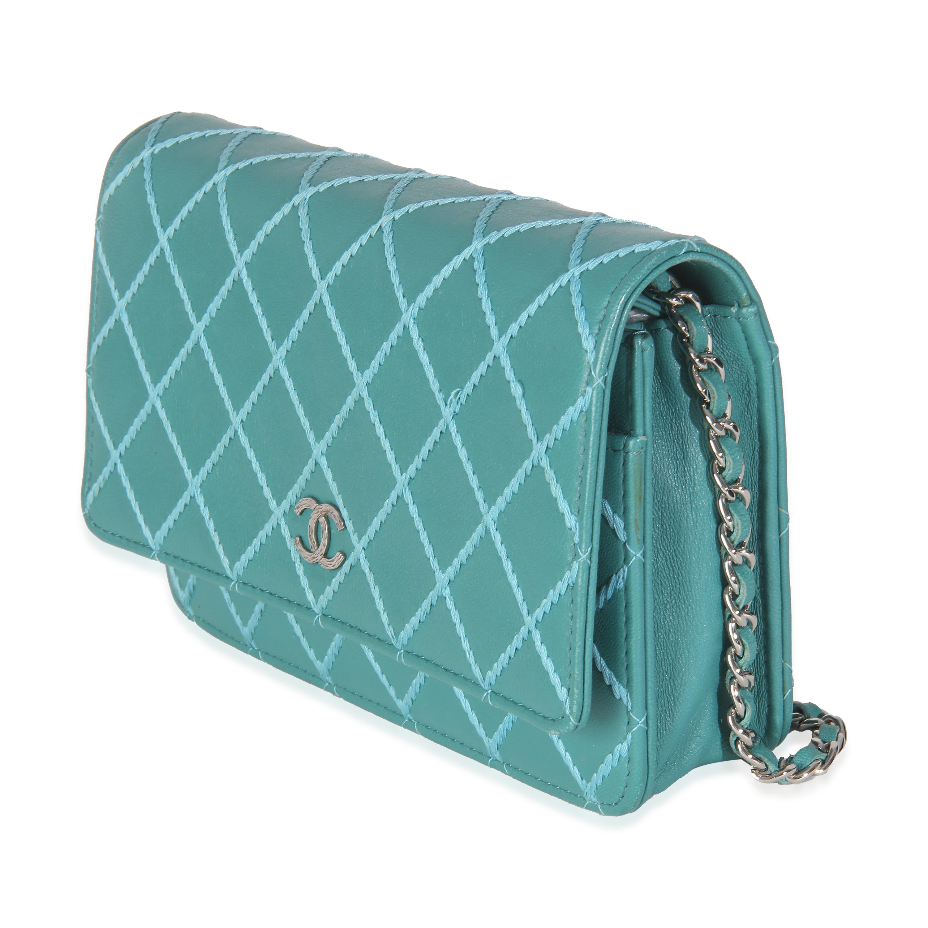 Women's or Men's Chanel Teal Stitched Calfskin Wallet On Chain For Sale