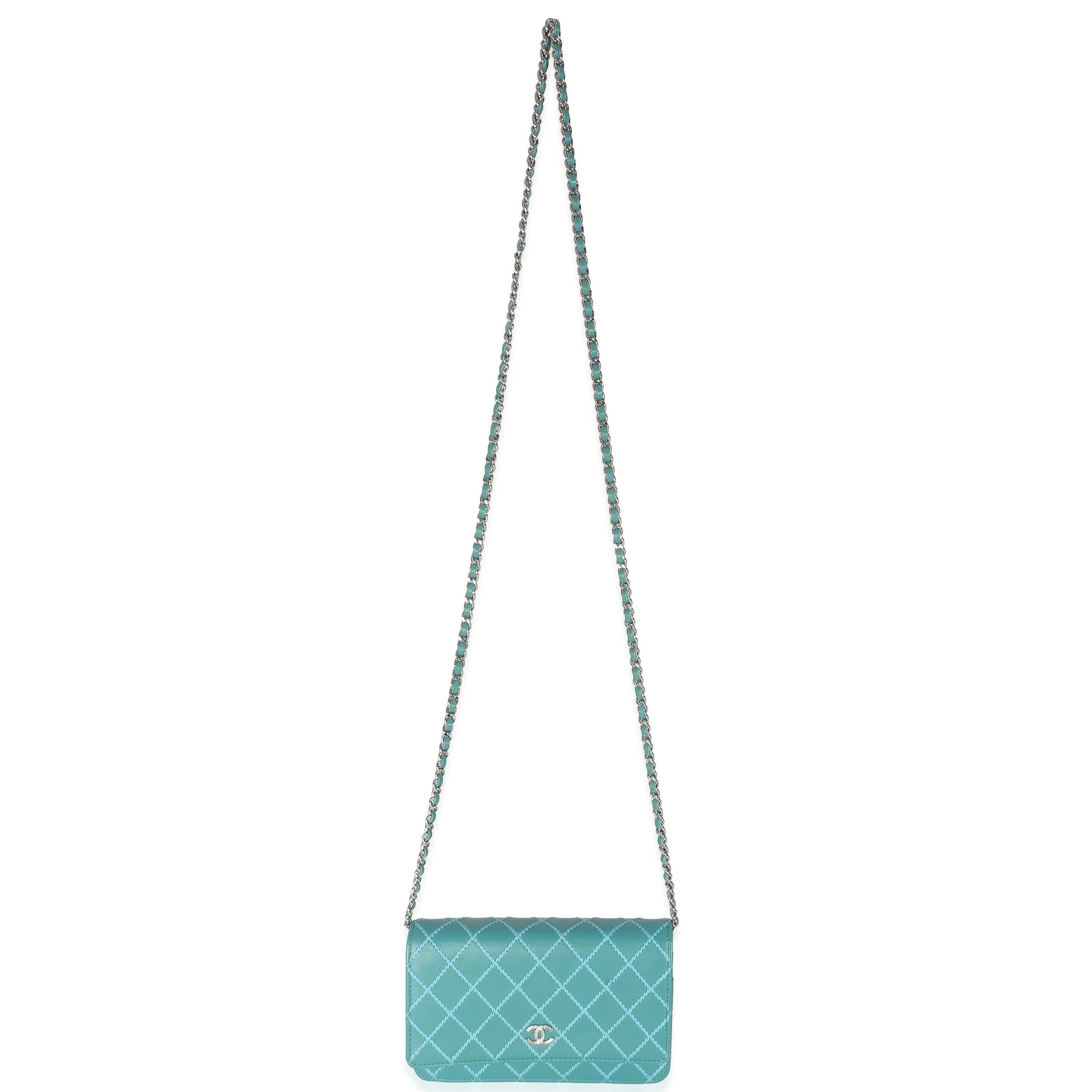 Chanel Teal Stitched Calfskin Wallet On Chain For Sale 2