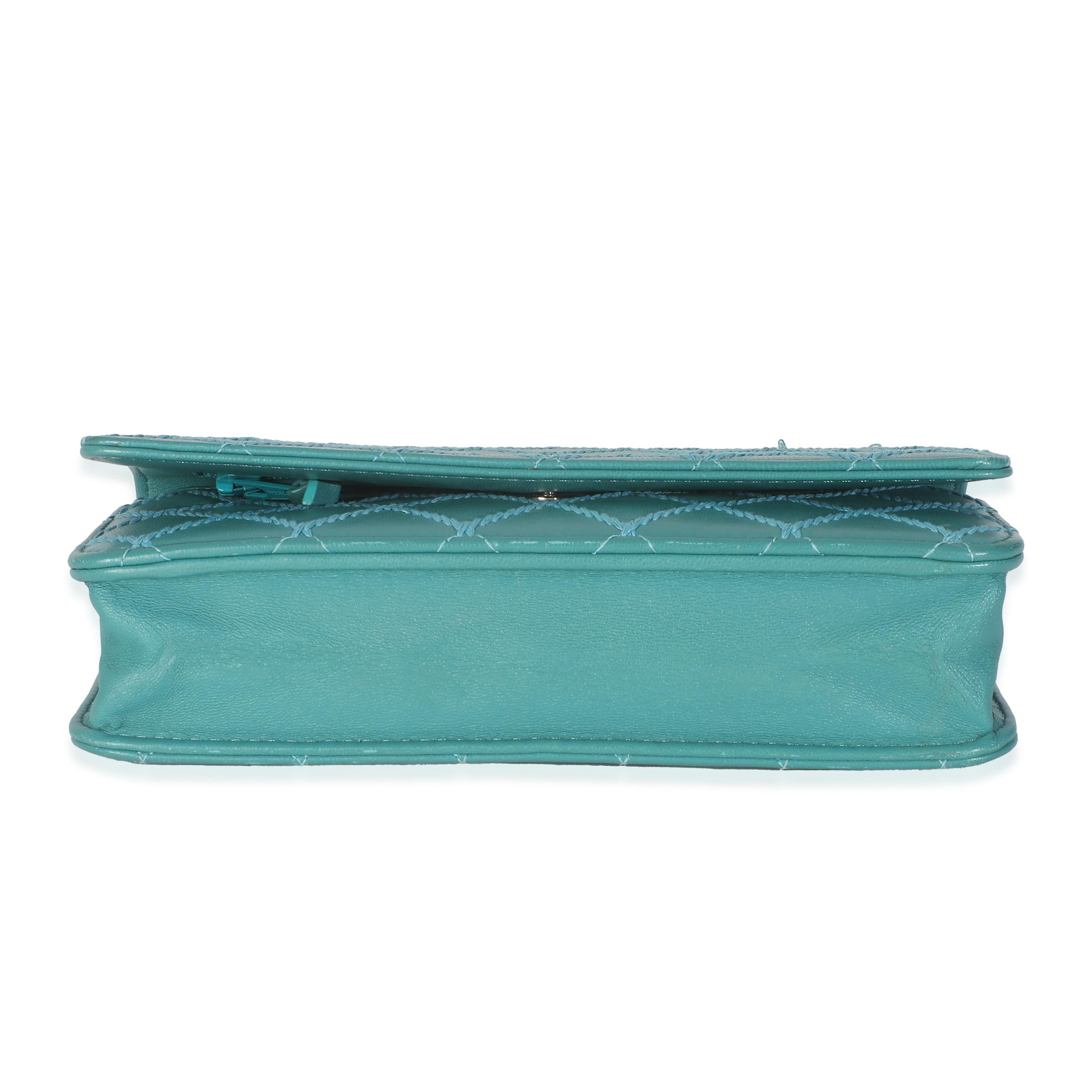 Chanel Teal Stitched Calfskin Wallet On Chain For Sale 4