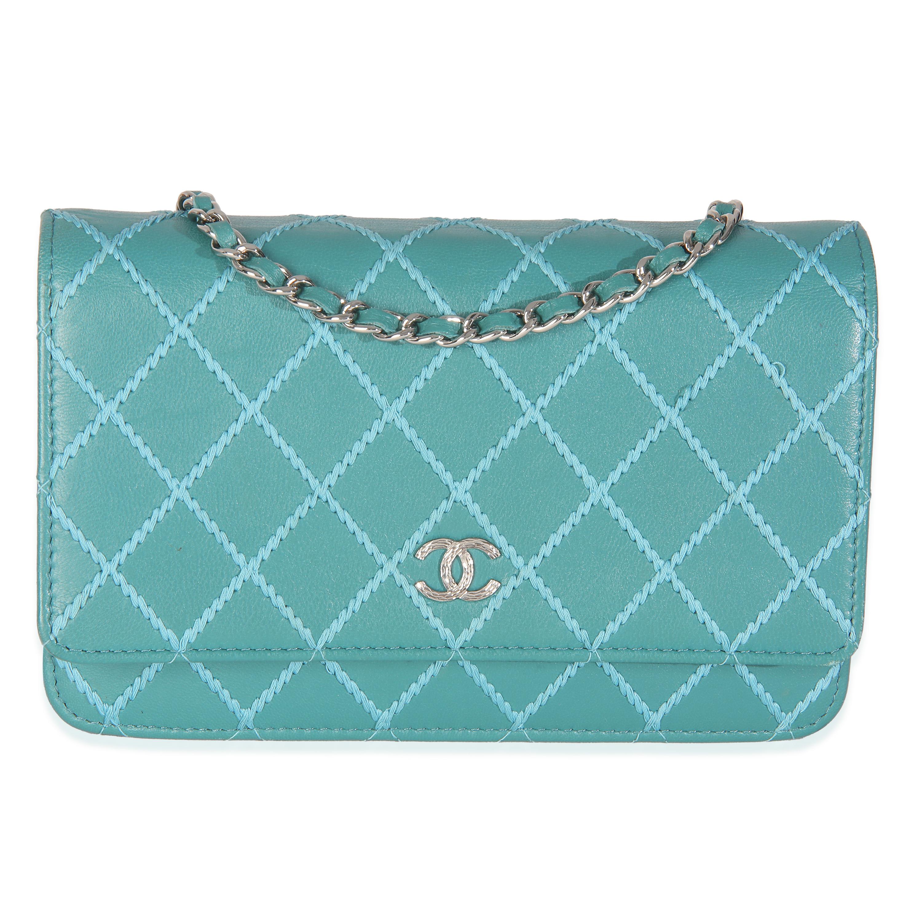 Chanel Teal Stitched Calfskin Wallet On Chain For Sale