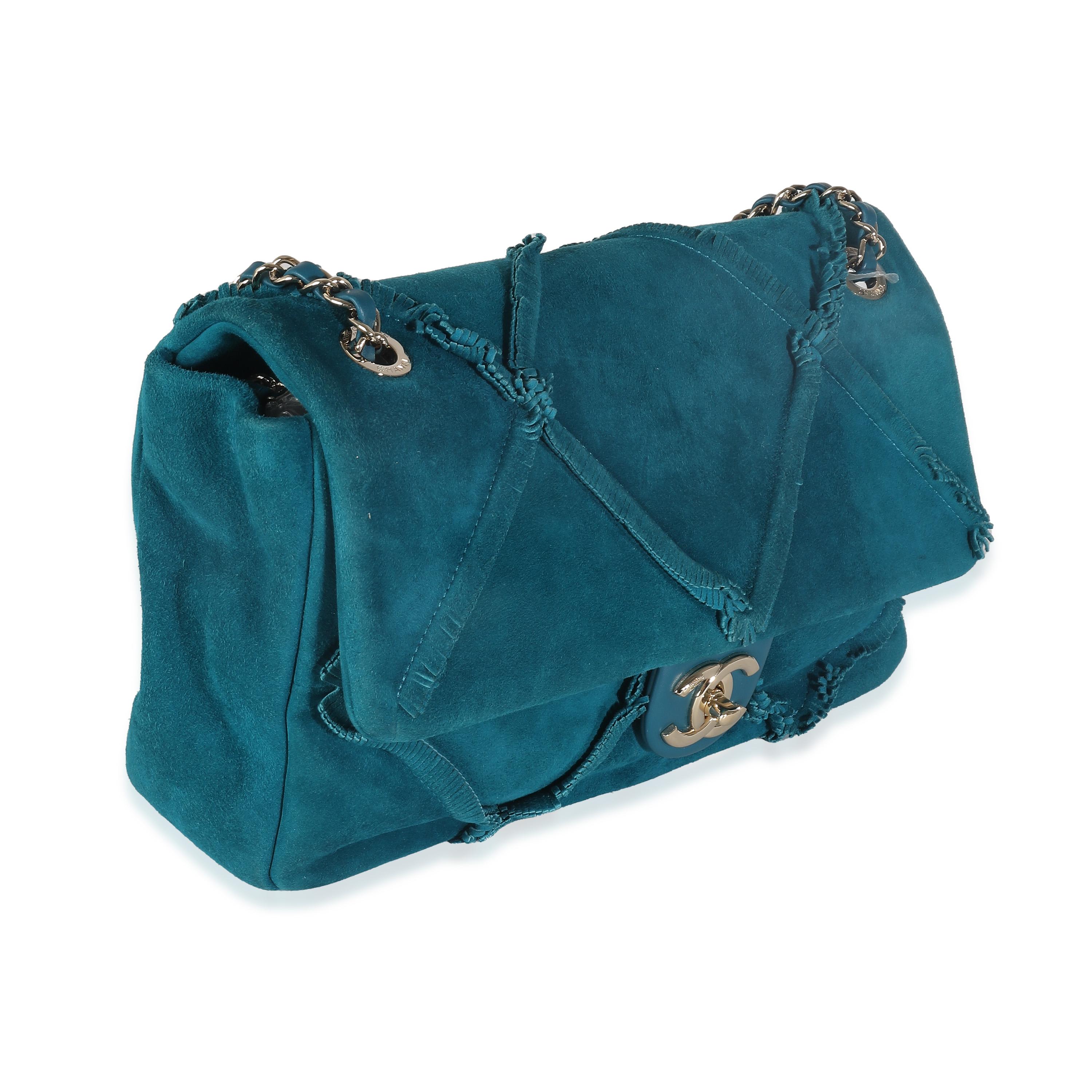 Chanel Bolso Solapa Mediano Piel de Cabra Teal Flinge Diamante Azul en venta