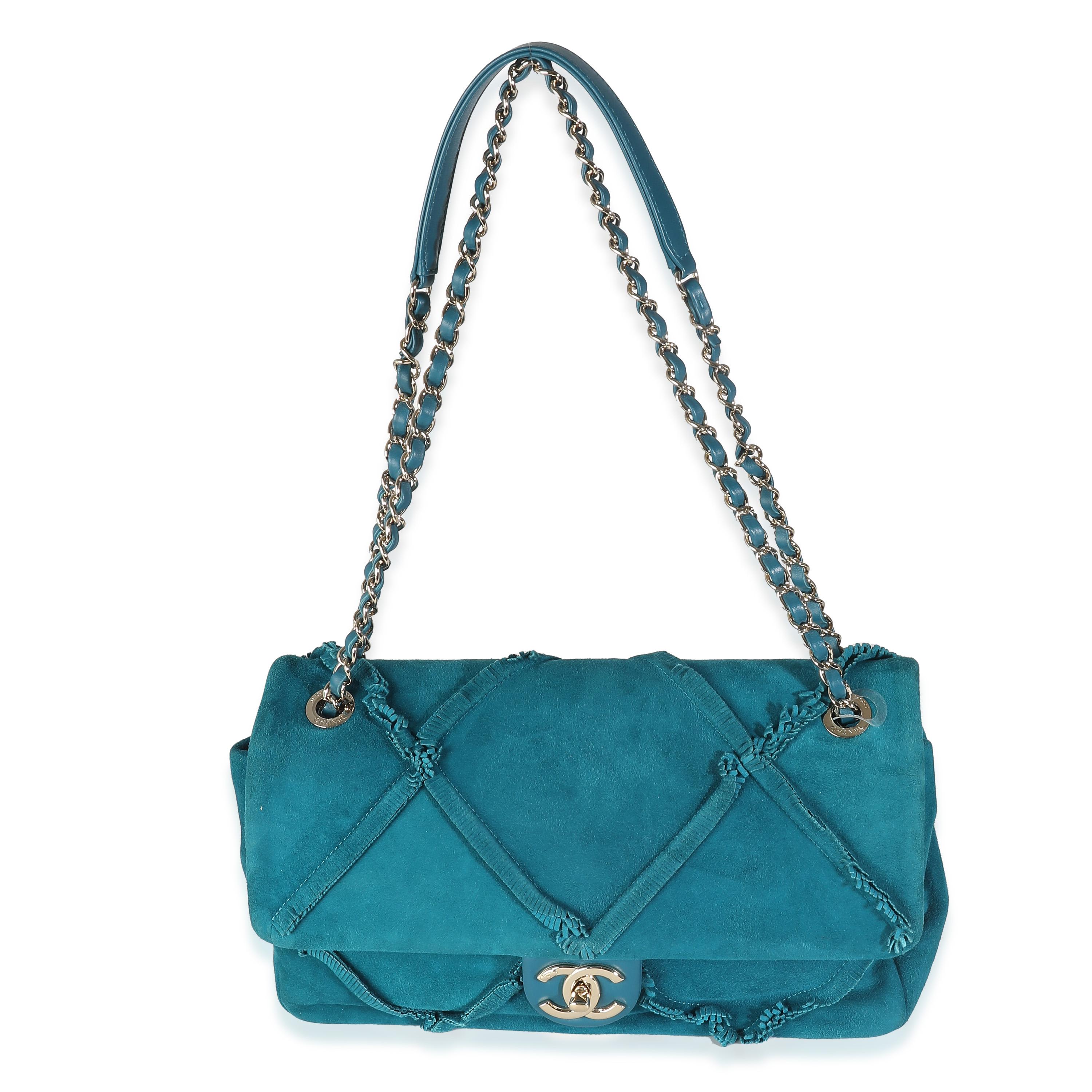 Chanel Bolso Solapa Mediano Piel de Cabra Teal Flinge Diamante en venta 1