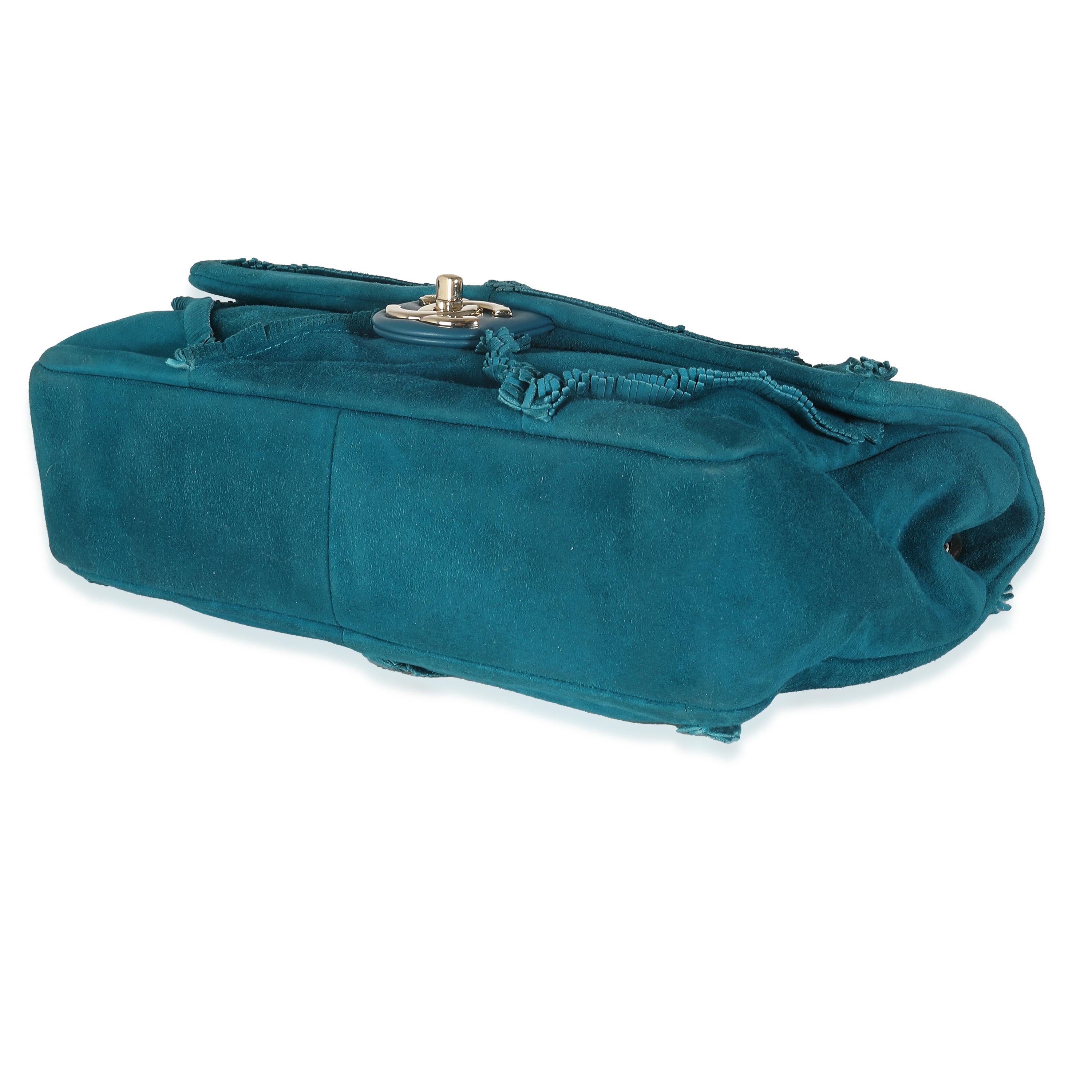 Chanel Bolso Solapa Mediano Piel de Cabra Teal Flinge Diamante en venta 2