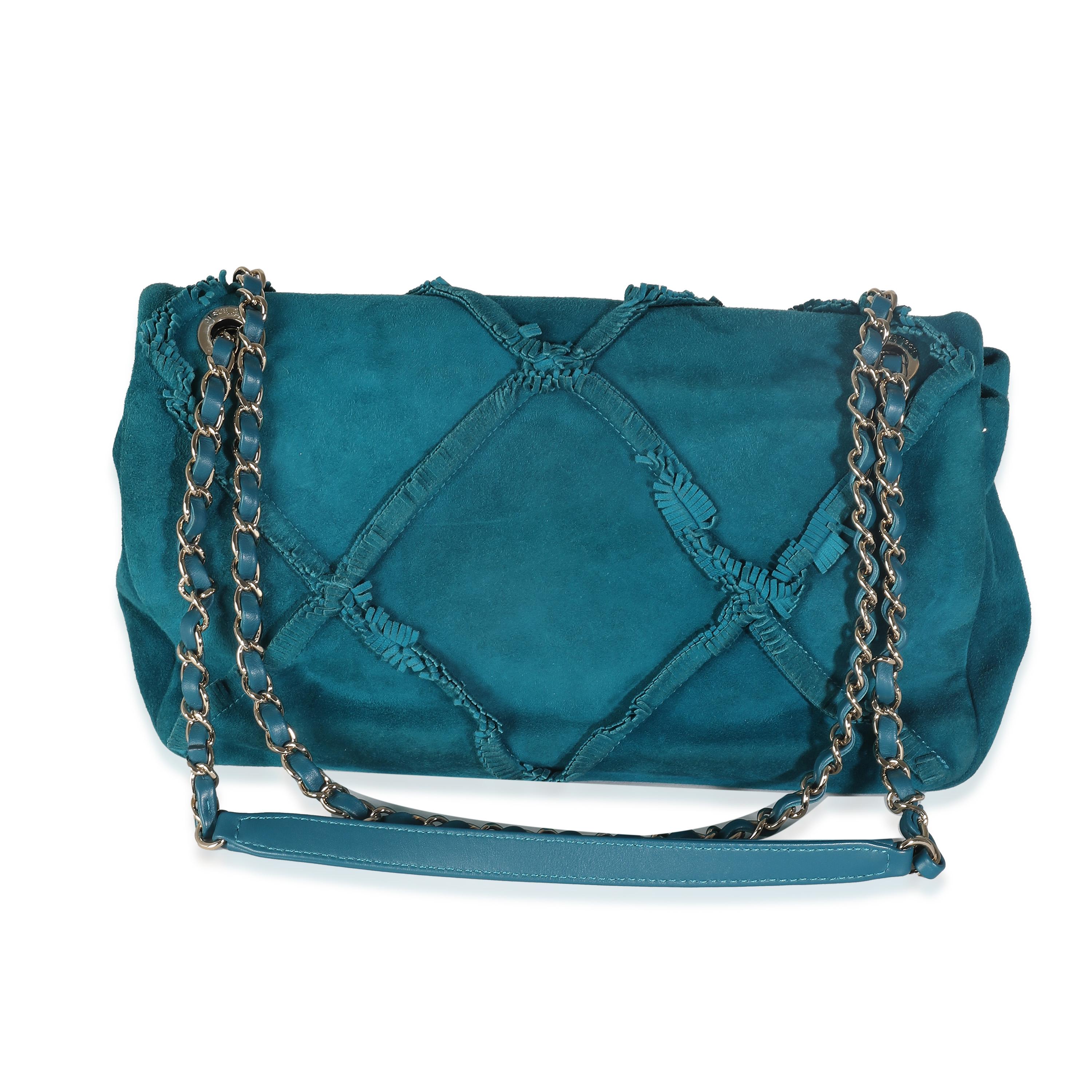 Chanel Bolso Solapa Mediano Piel de Cabra Teal Flinge Diamante en venta 3