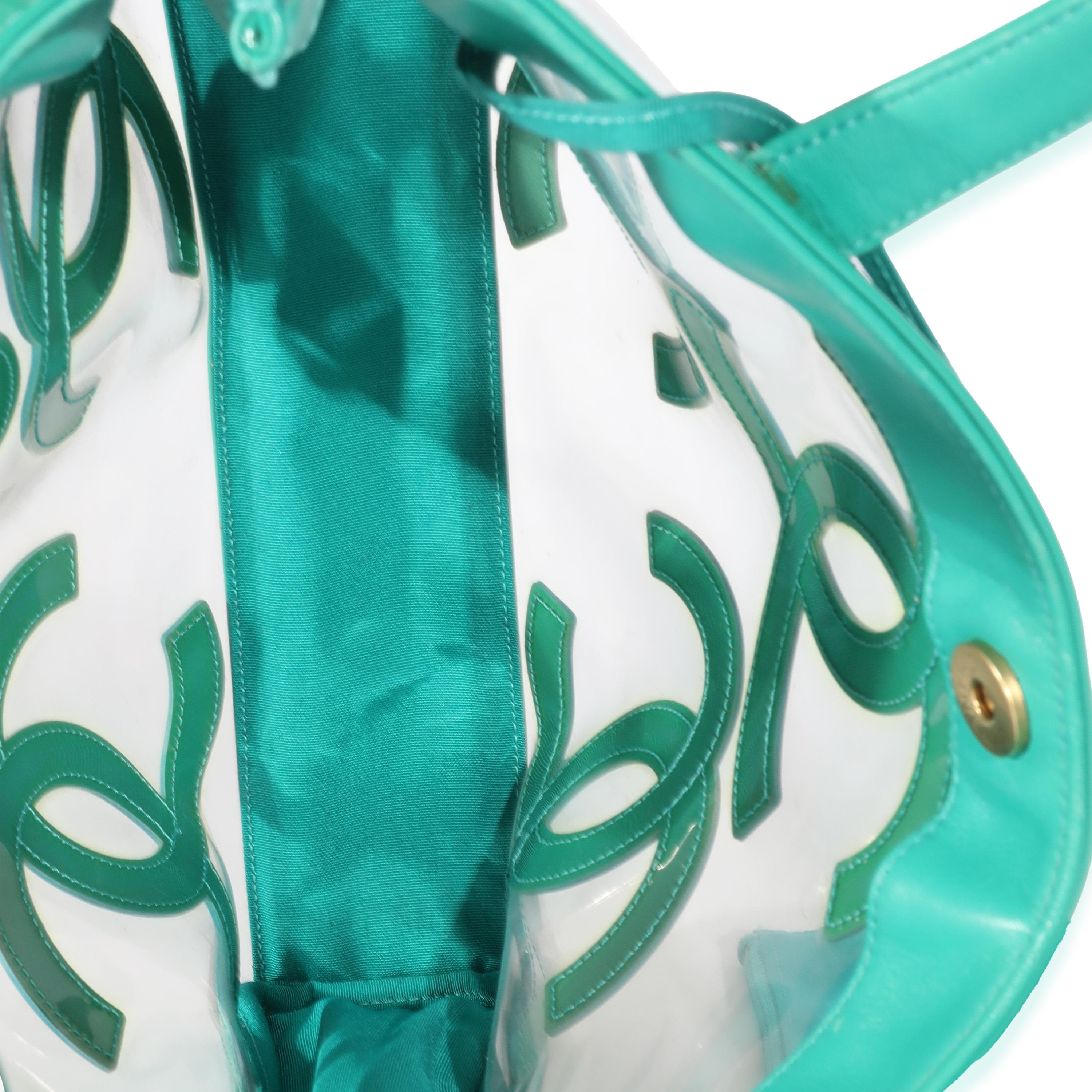 Listing Title: Chanel Teal Vinyl Patent Triple CC Tote
SKU: 129812
Condition: Pre-owned 
Handbag Condition: Fair
Condition Comments: Item is in fair condition with prominent signs of wear. Light clouding and wear to PVC throughout. Wear to corners.