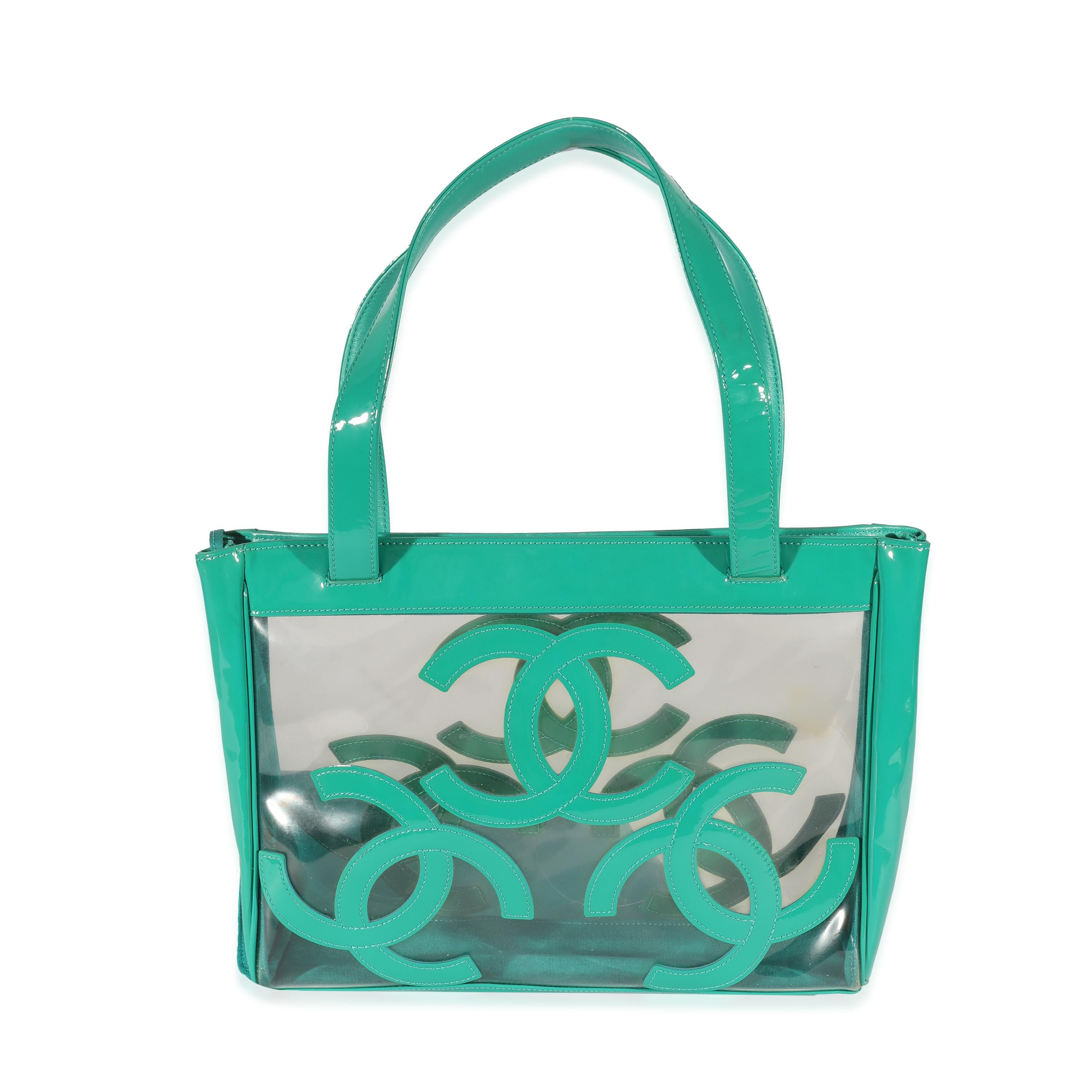 Blue Chanel Teal Vinyl Patent Triple CC Tote For Sale