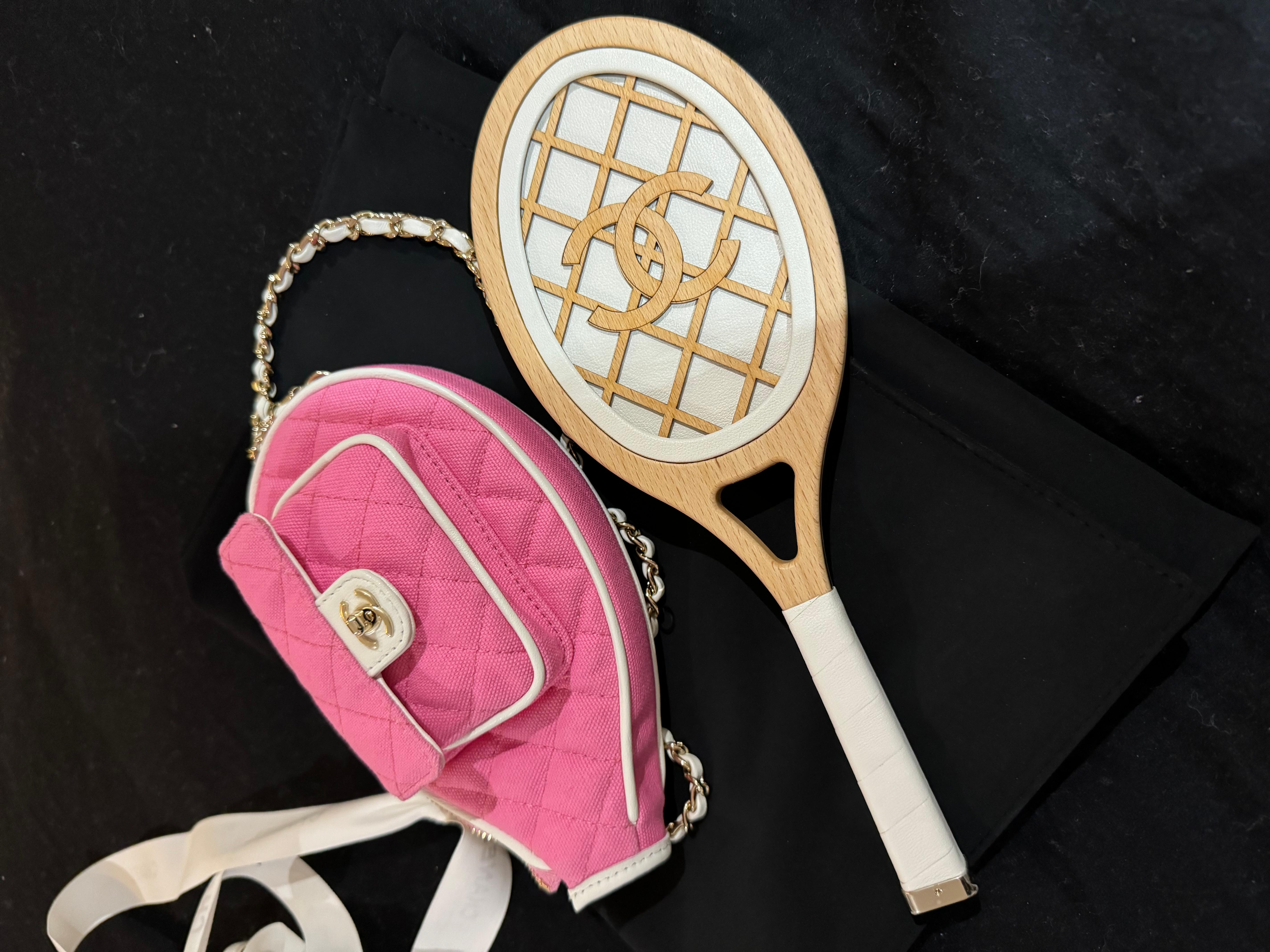 Chanel Tennis bag Barbie Pink and White  Racket Mirror Handbag Bag Runway In New Condition For Sale In London, England