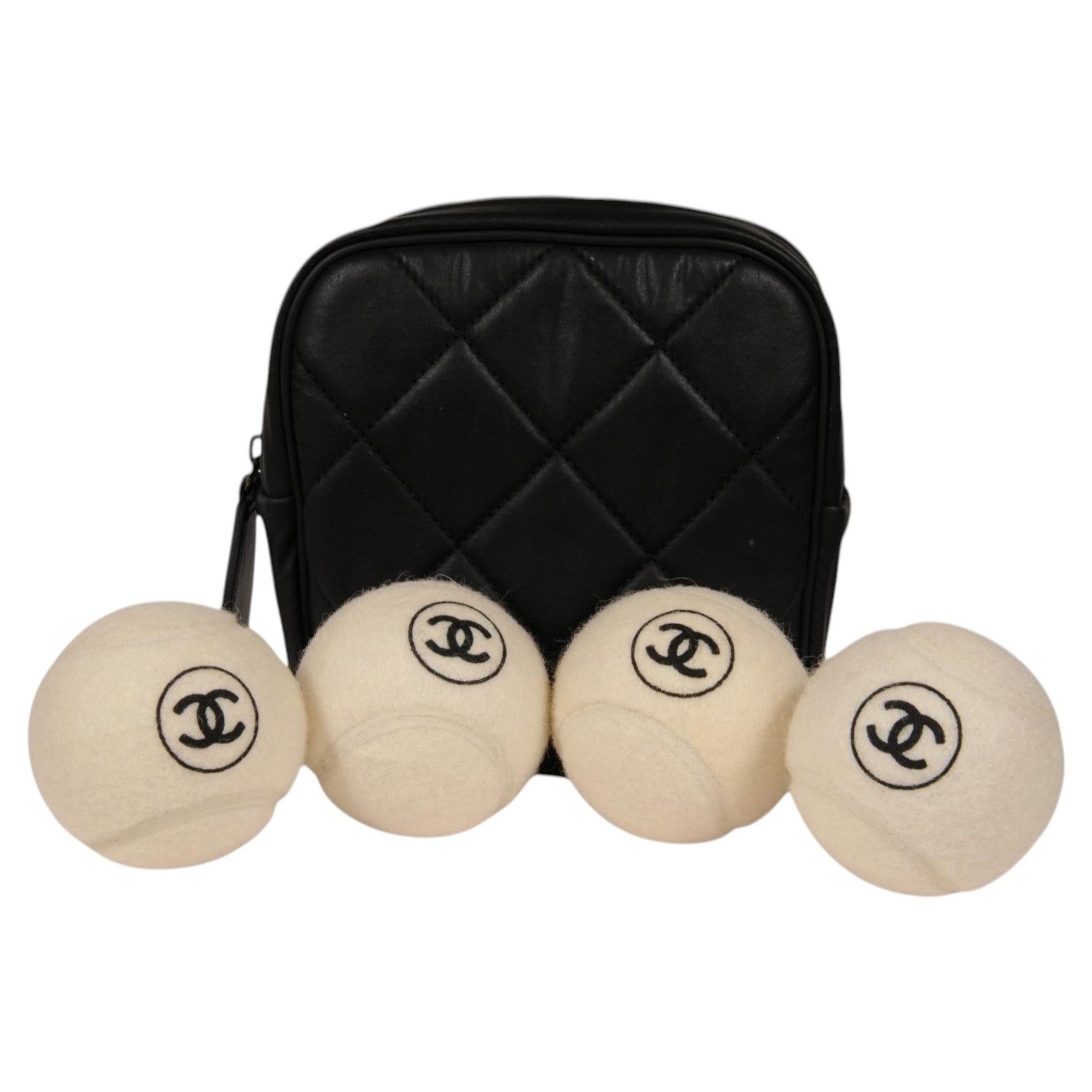 Chanel Tennis Balls Caddy Set of 4 Quilted Pouch Zip White Black Vintage Sport For Sale