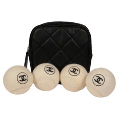 Chanel Tennis Balls Caddy Set of 4 Quilted Pouch Zip White Black Vintage Sport