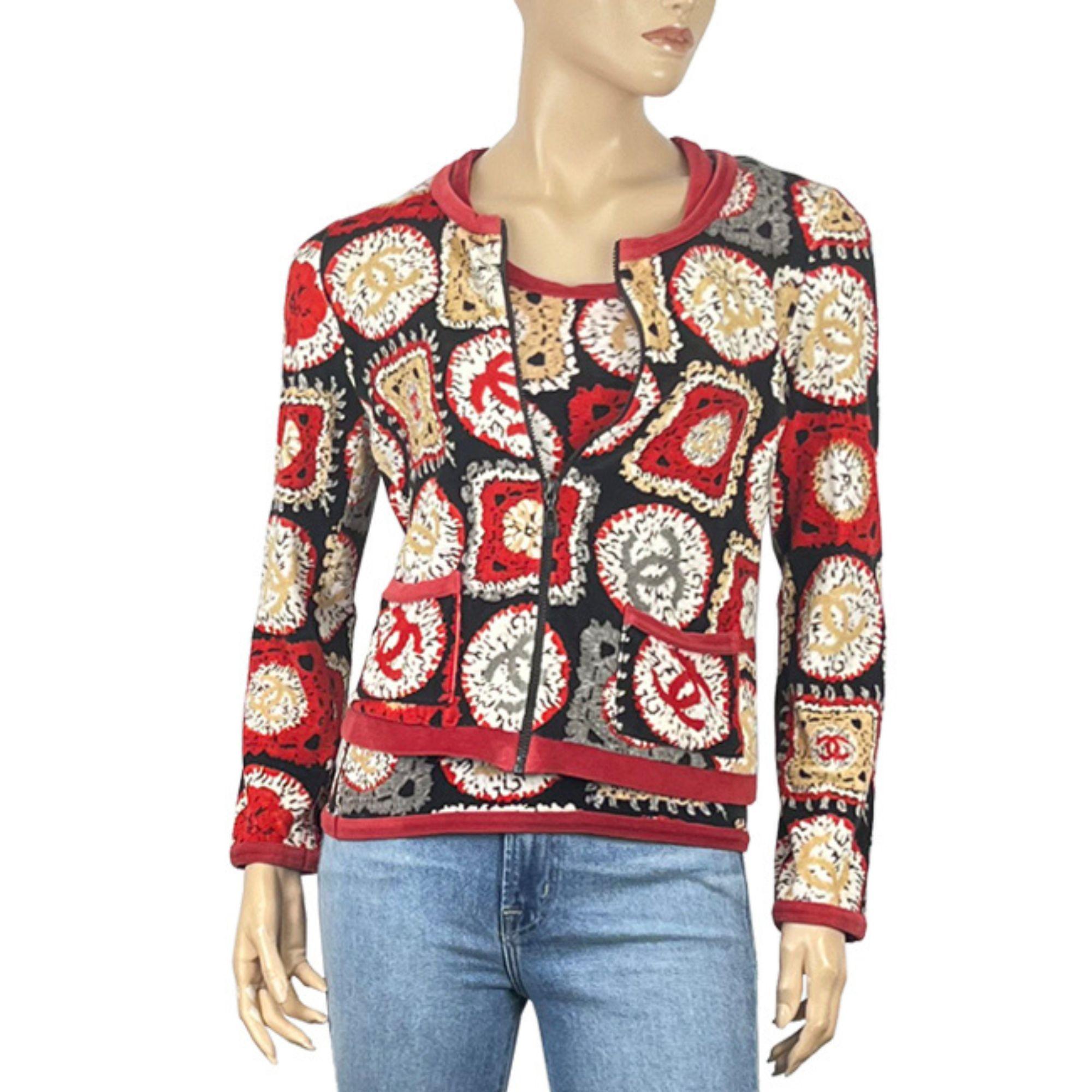 Chanel  2009 Sports line patchwork print collarless jacket and top, features patchwork pattern print, front zip fastening jacket, sleeveless top and two front patch pockets.

Material: 75% Cotton / 25% Polyamide 
Measurements
Tag Size: Jacket:42 /