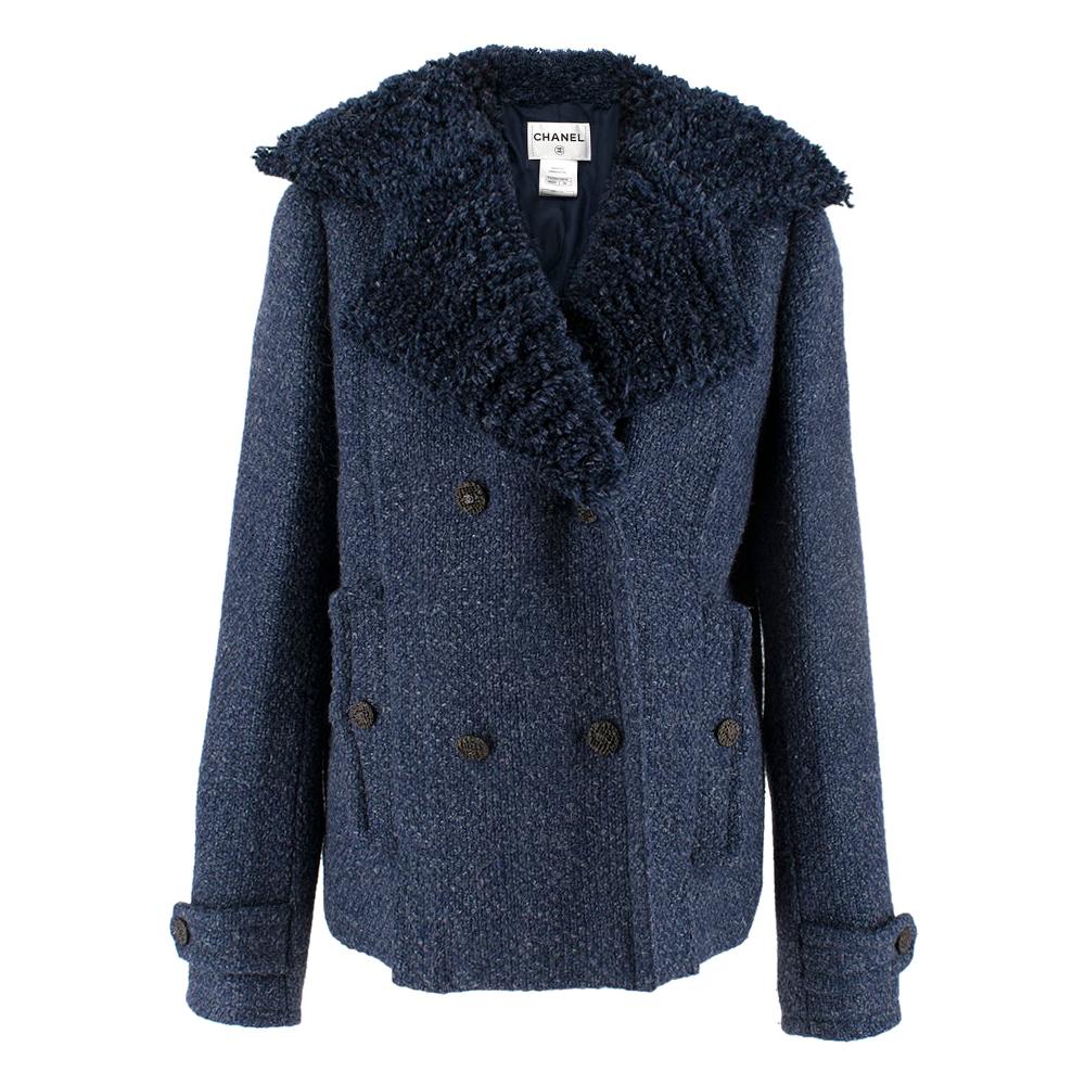 Chanel textured-lapel blue tweed jacket 34