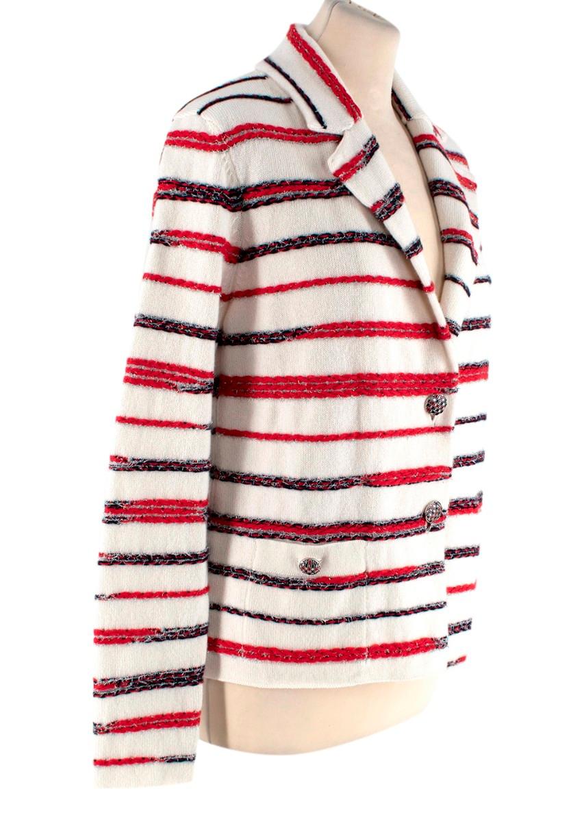 Chanel Textured Metallic Red & Navy Stripe Knitted Cashmere Jacket

- Fine cashmere knit jacket, with textured red & navy stripes, flecked with metallic silver
- Single breast, notch lapel
- Glass crystal and silver-tone metal 3 button fastening
- 2