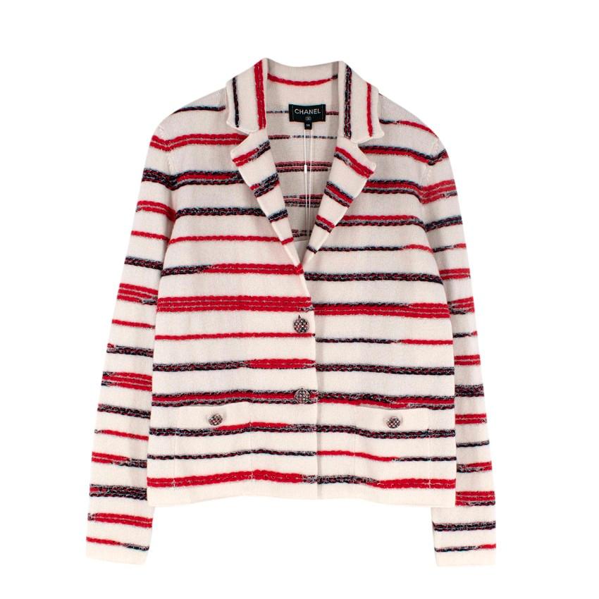 Chanel Textured Metallic Red & Navy Stripe Knitted Cashmere Jacket US 2 In Excellent Condition For Sale In London, GB