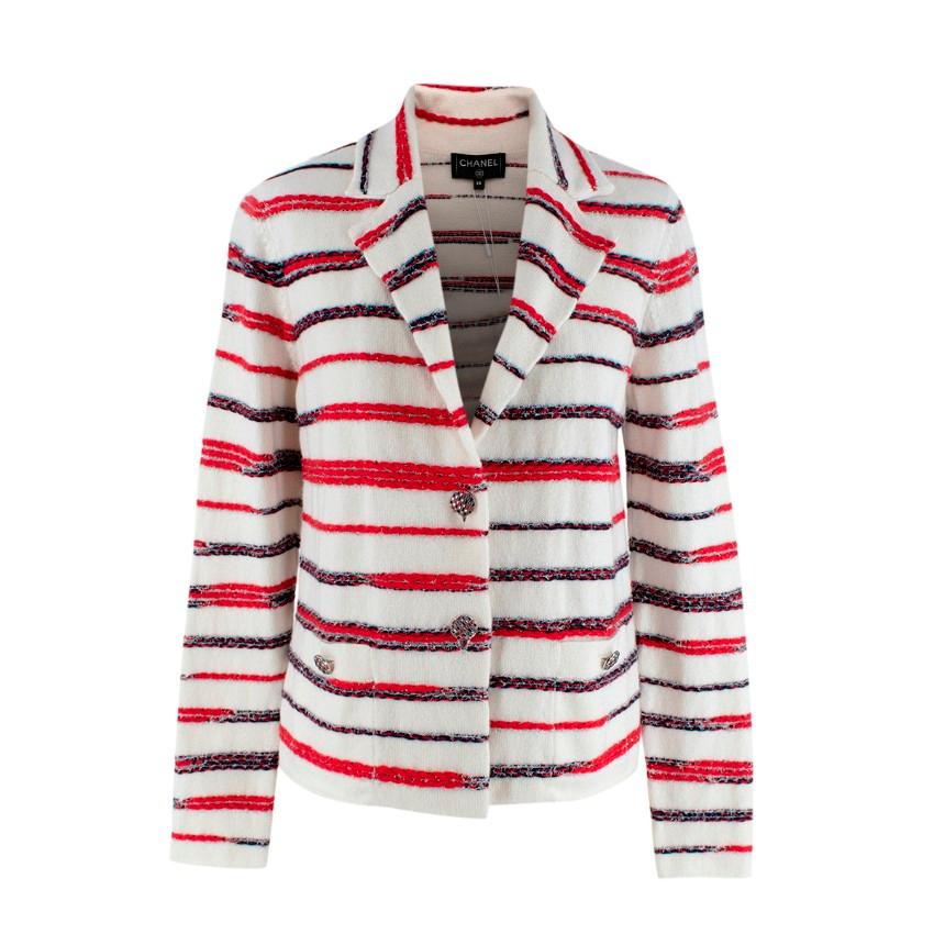 Chanel Textured Metallic Red & Navy Stripe Knitted Cashmere Jacket US 2 For Sale