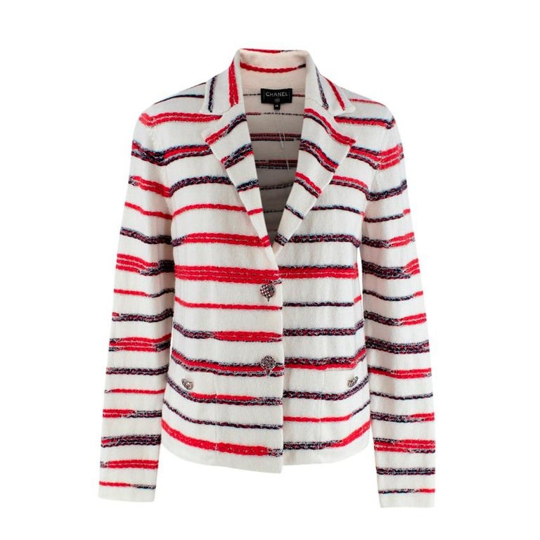 Chanel Textured Metallic Red and Navy Stripe Knitted Cashmere Jacket US 2  For Sale at 1stDibs