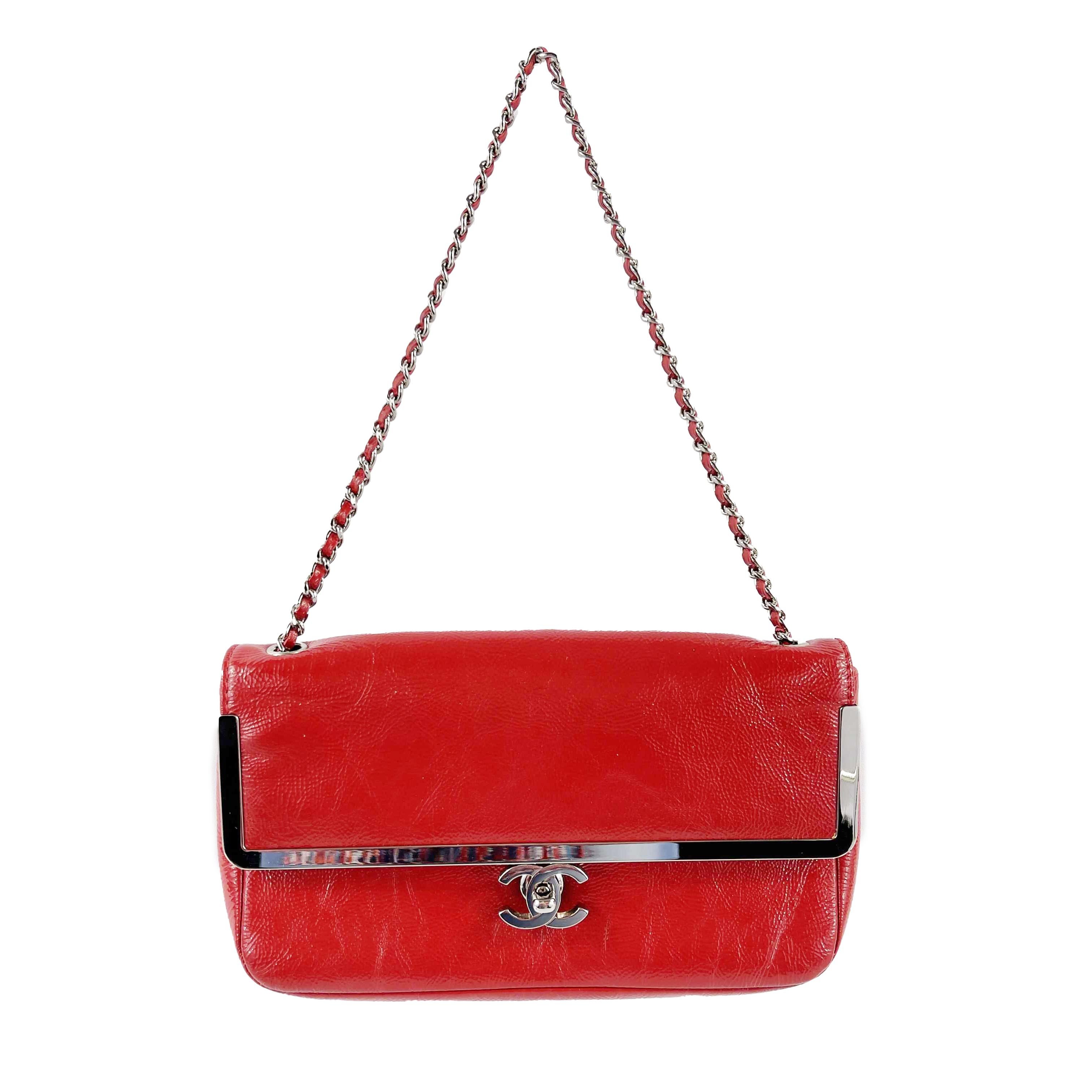 CHANEL Textured Red Patent Frame Flap CC Lock Silver Chain Shoulder Bag 1