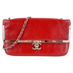 CHANEL Textured Red Patent Frame Flap CC Lock Silver Chain Shoulder Bag