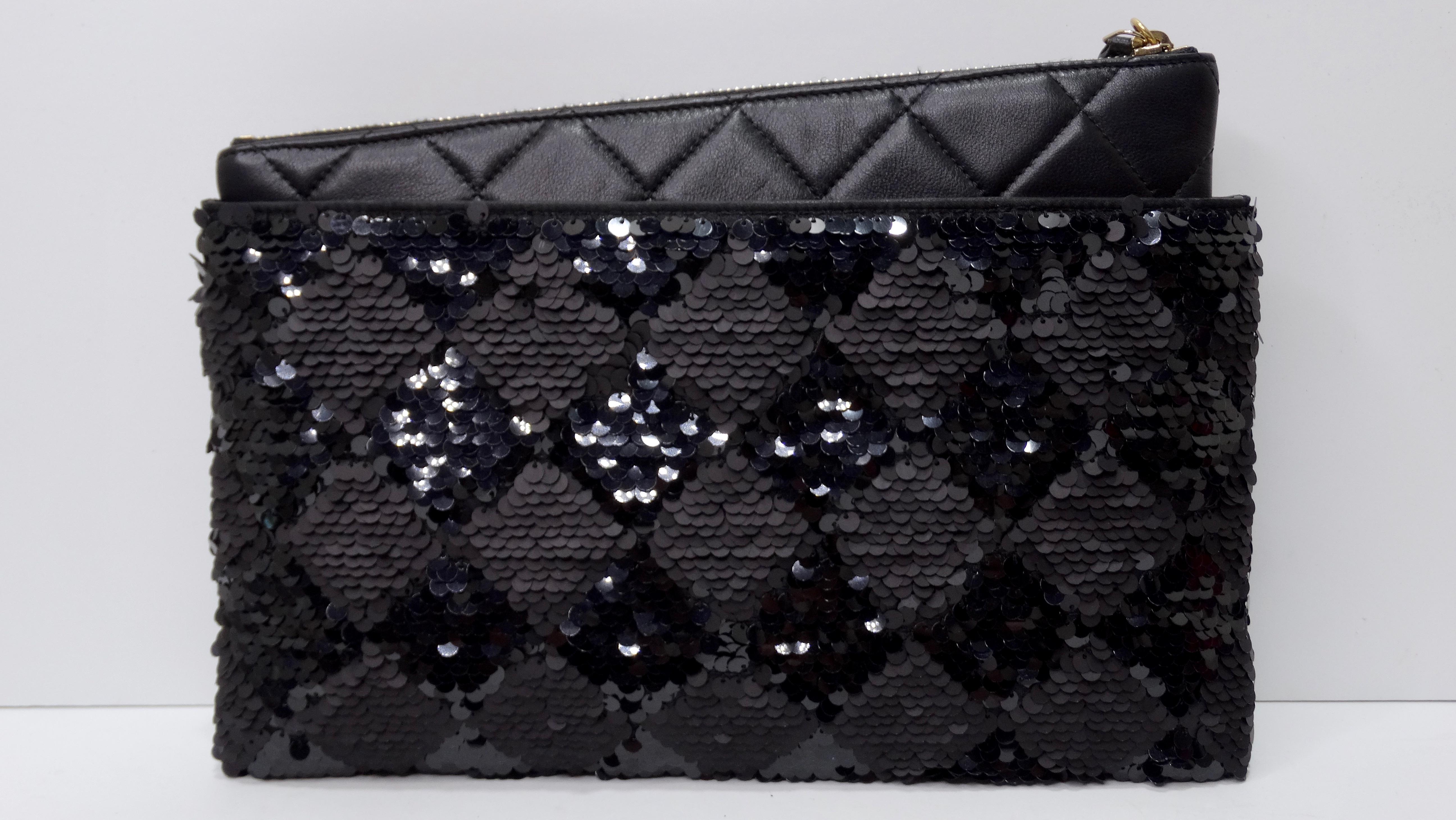 Black Chanel Textured Sequin and Quilted Leather Clutch For Sale