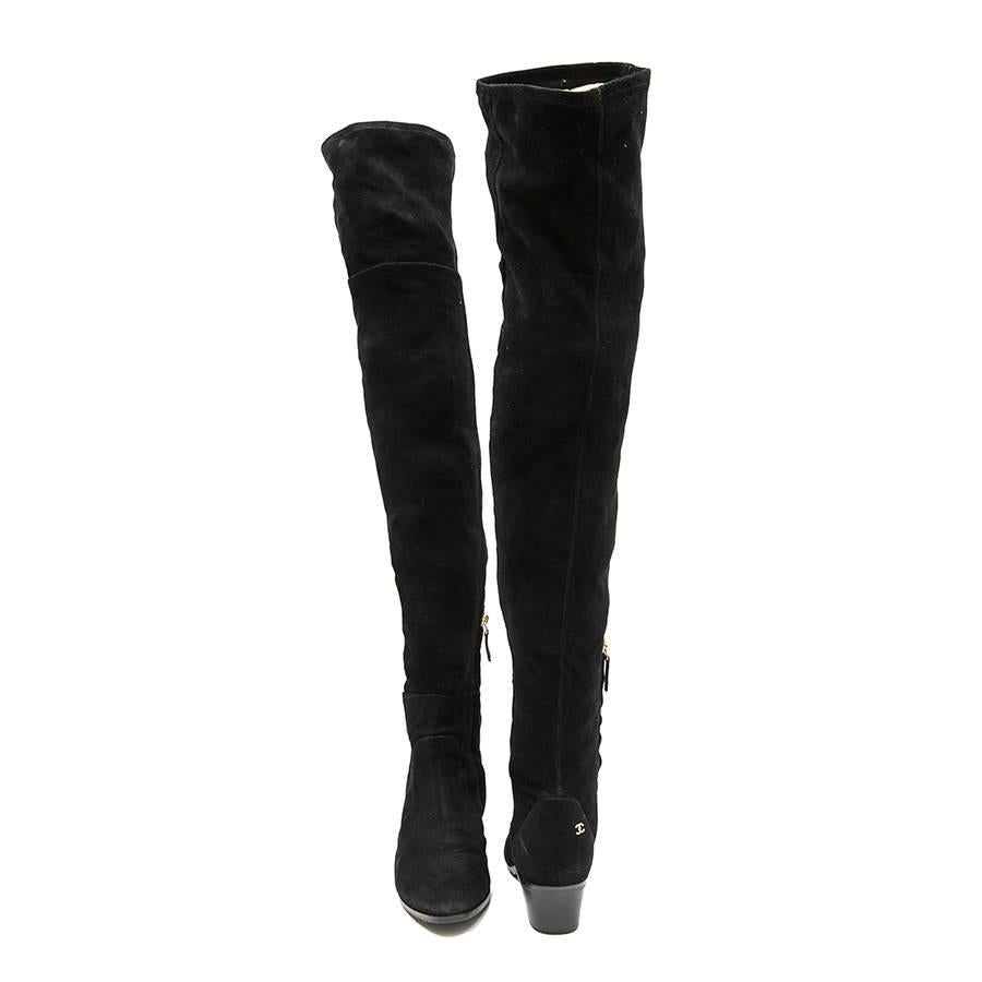 Women's CHANEL Thigh Boots in Black Suede Calfskin Size 38.5FR