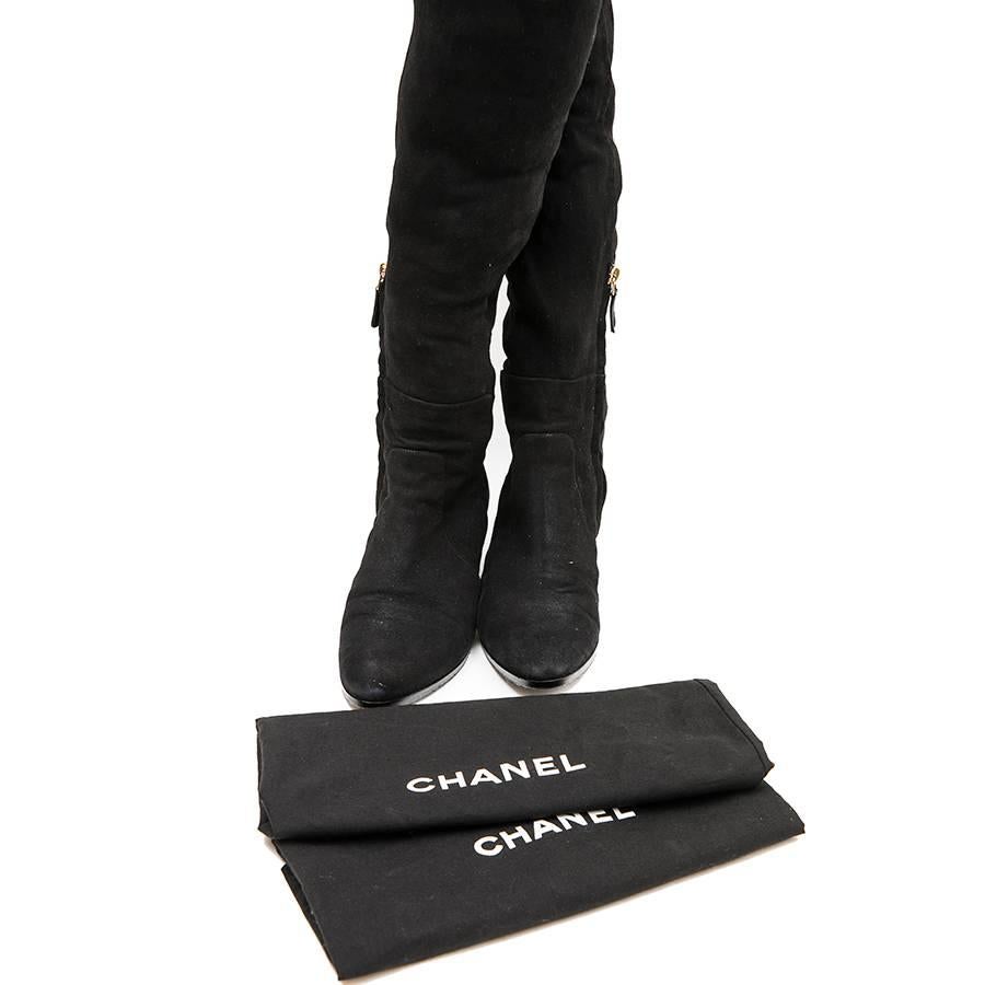 CHANEL Thigh Boots in Black Suede Calfskin Size 38.5FR 5