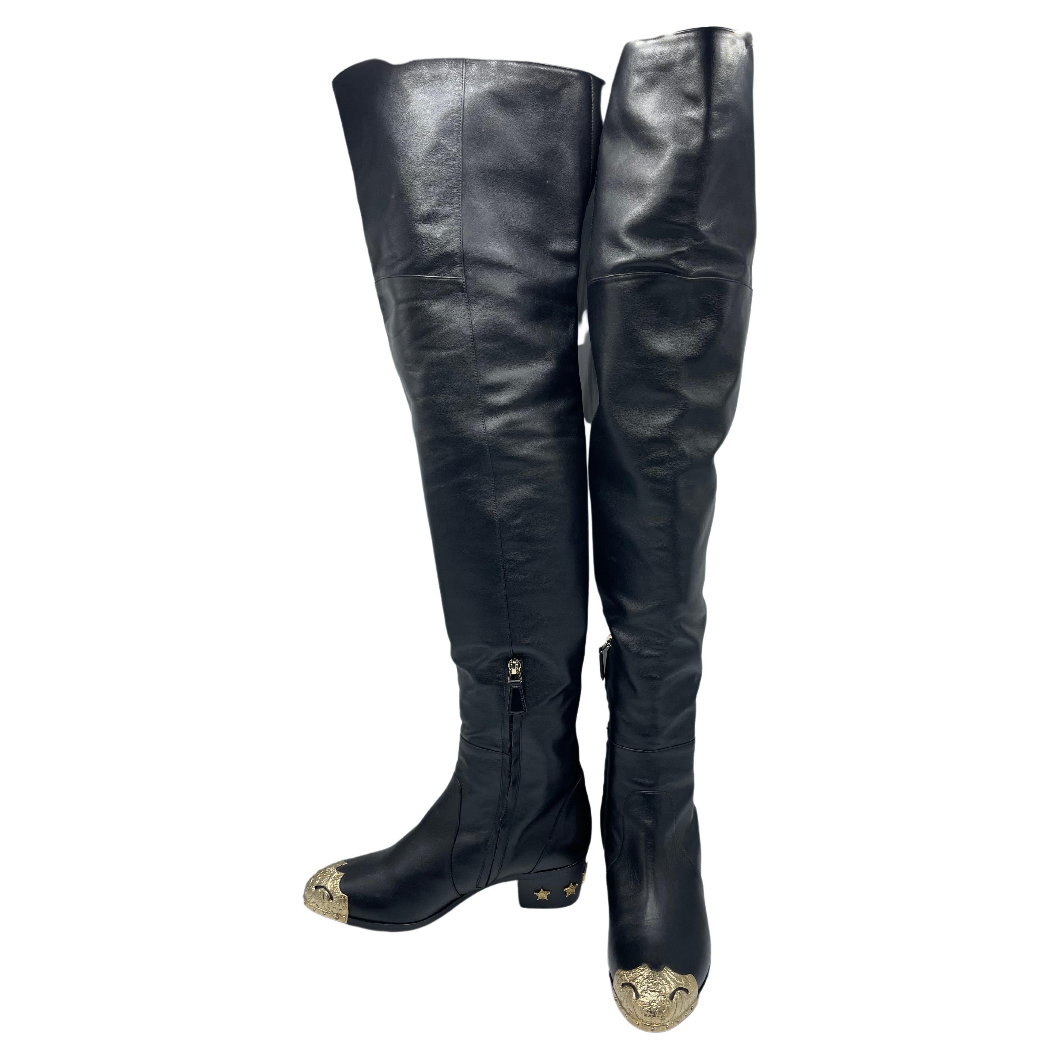 CHANEL Black Glazed Chain Obsession Boots w/ Thigh-high Lambskin Gaiter