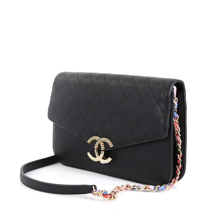 Black Chanel Thread Around Chain Flap Bag Quilted Caviar Medium 