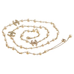Retro Chanel Three CC Logos Pearl Sautoir Necklace