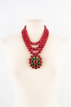 Chanel Three-Row Red Glass Paste Pearl Necklace