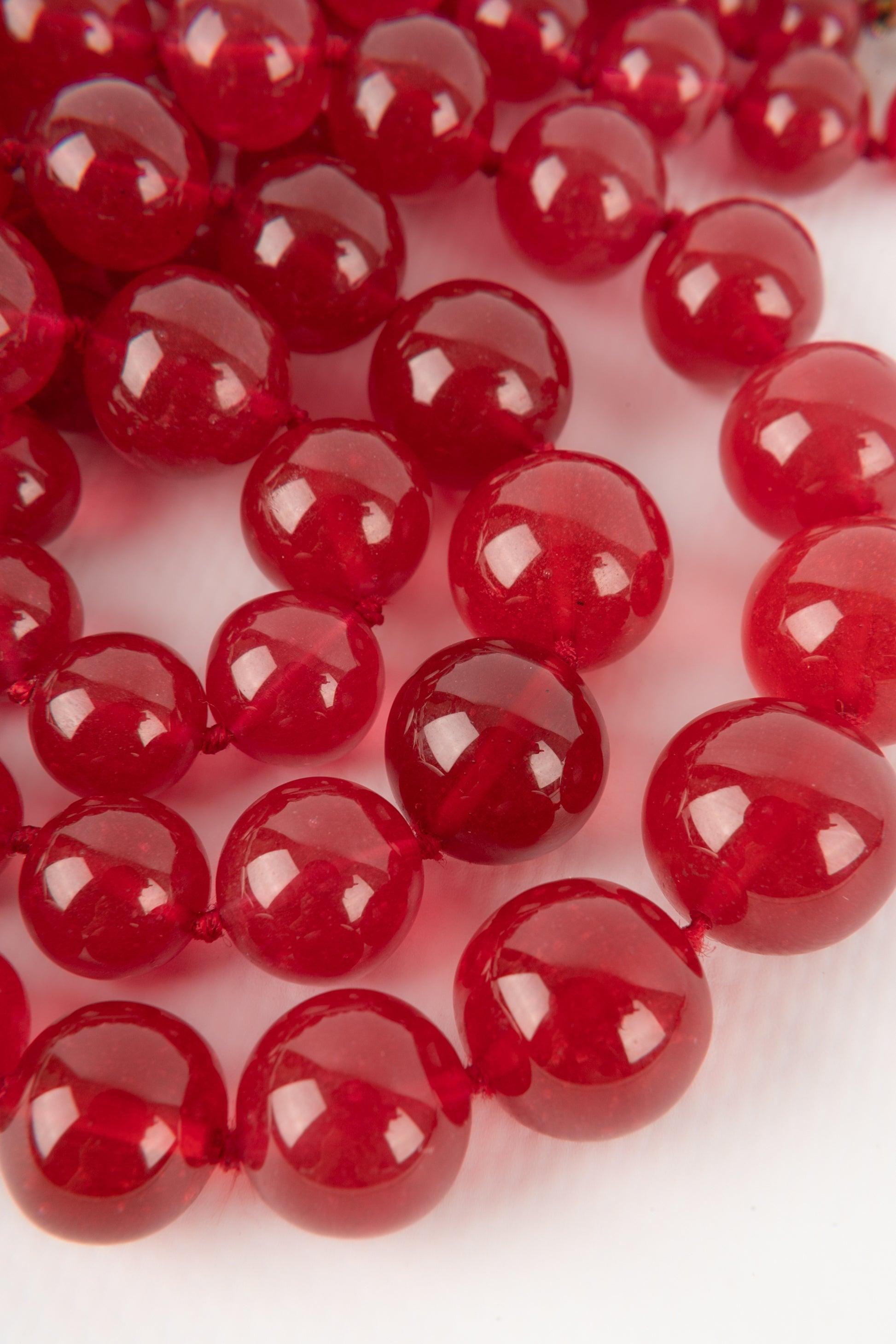 Chanel Three-Row Red Glass Paste Pearl Necklace For Sale 3