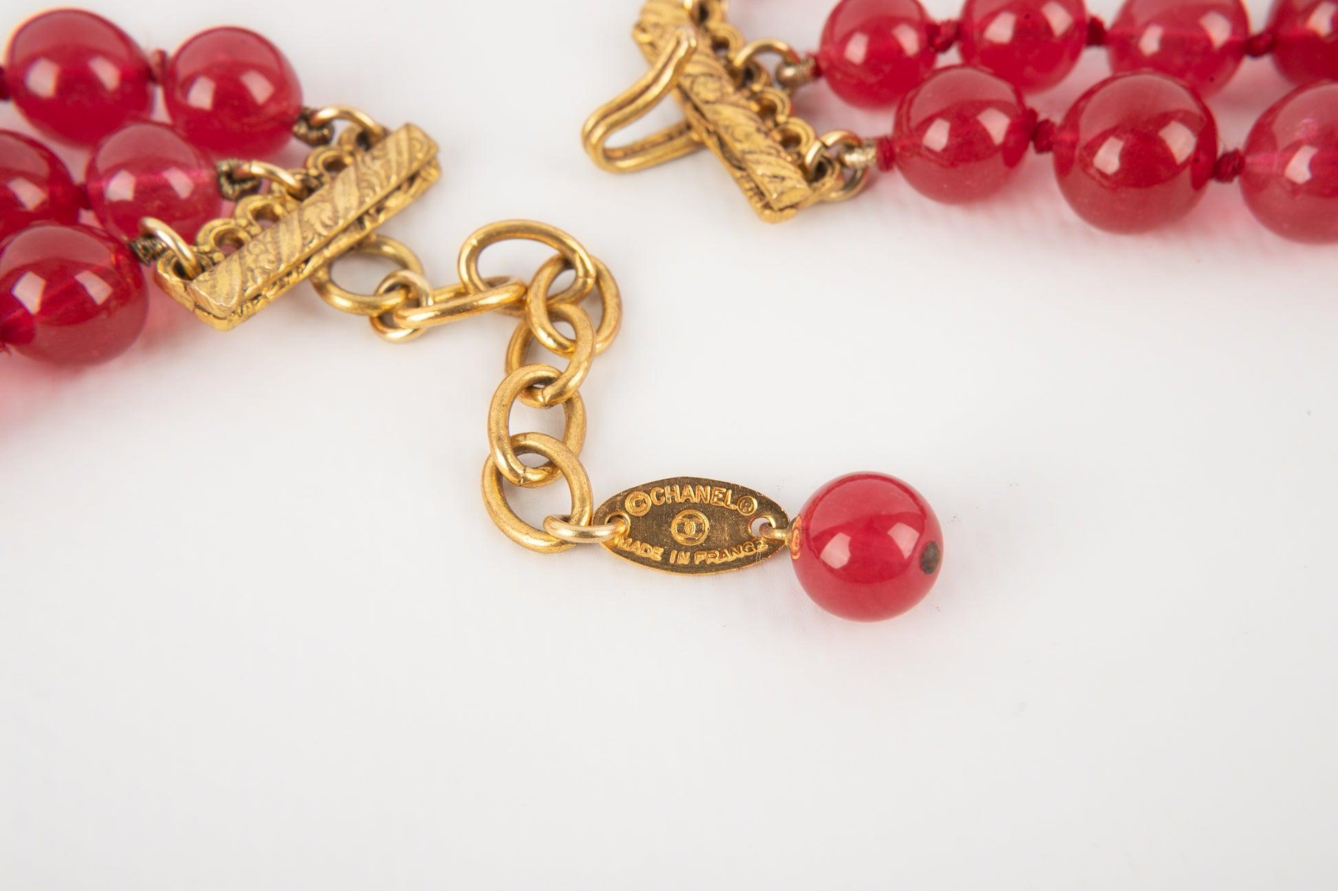 Chanel Three-Row Red Glass Paste Pearl Necklace For Sale 4