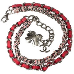 Chanel Tiered Tweed Leather Chain Clover Charm Necklace