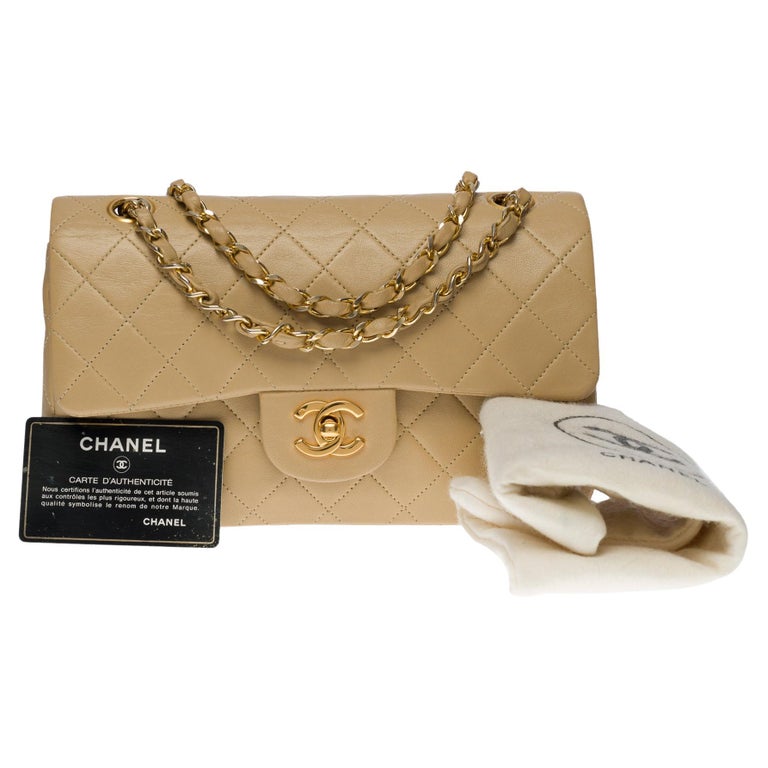 Chanel Timeless 23 cm double flap shoulder bag in beige quilted lambskin,  GHW at 1stDibs