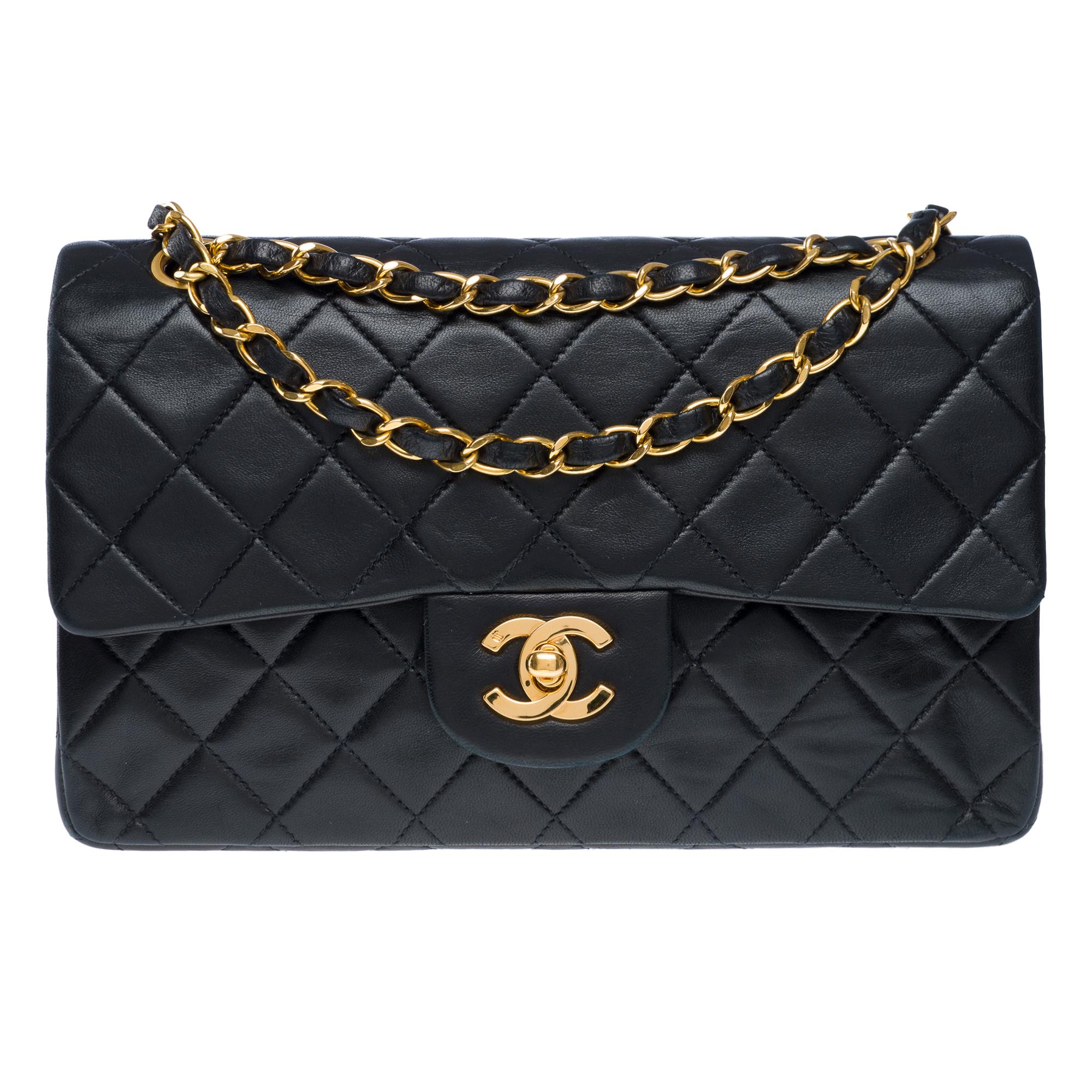 Women's Chanel Timeless 23 double flap shoulder bag in Black Quilted Lambskin, GHW For Sale