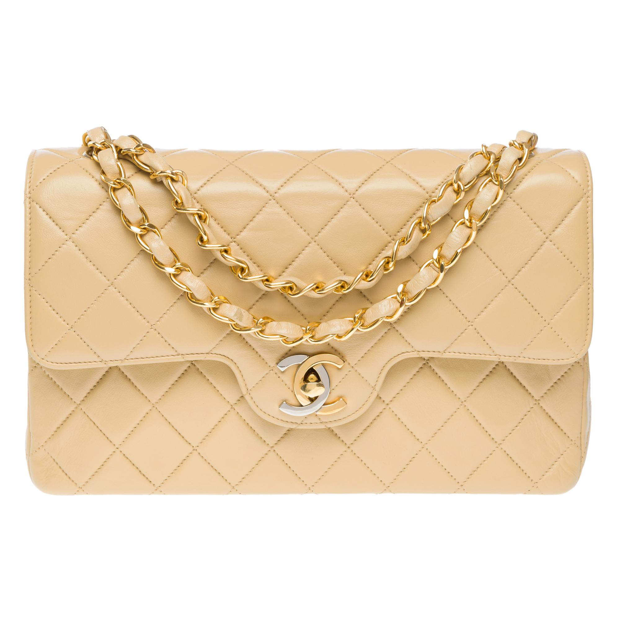 Black Chanel Timeless 23cm double flap shoulder bag in beige quilted lambskin, GHW
