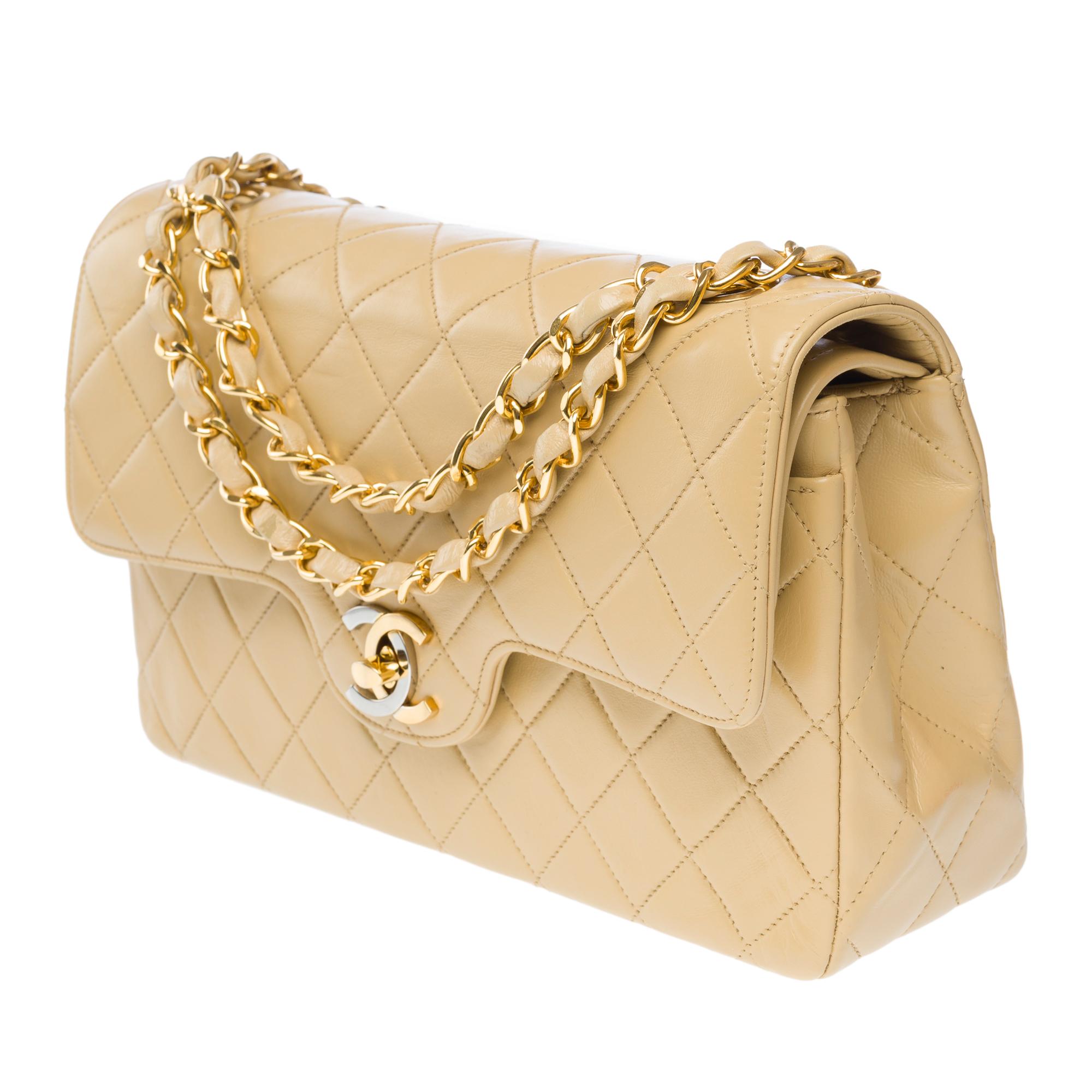 Women's Chanel Timeless 23cm double flap shoulder bag in beige quilted lambskin, GHW