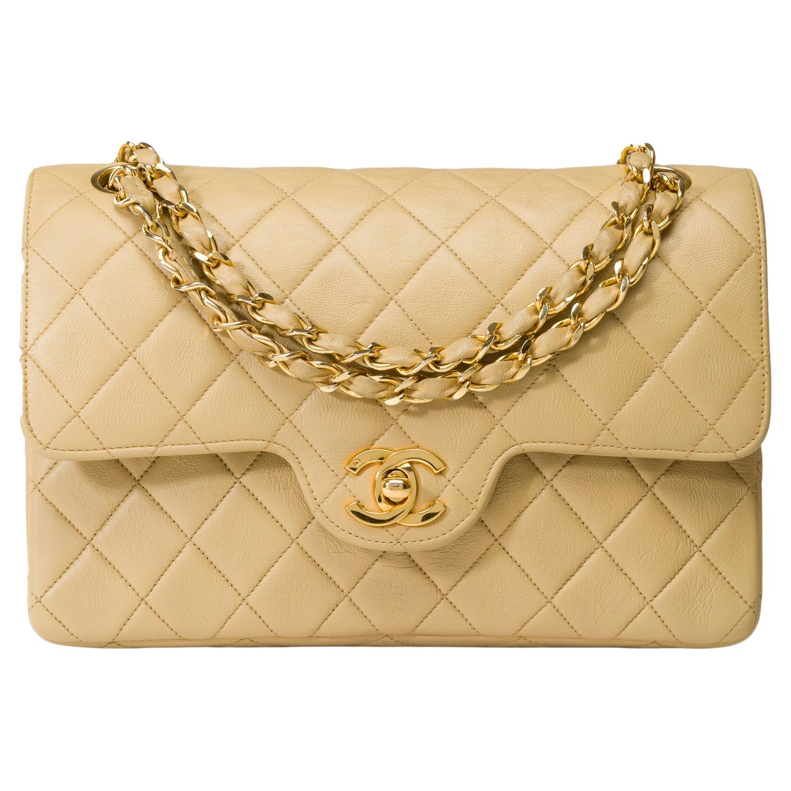 Chanel Timeless 23cm double flap shoulder bag in beige quilted lambskin, GHW For Sale