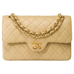Retro Chanel Timeless 23cm double flap shoulder bag in beige quilted lambskin, GHW