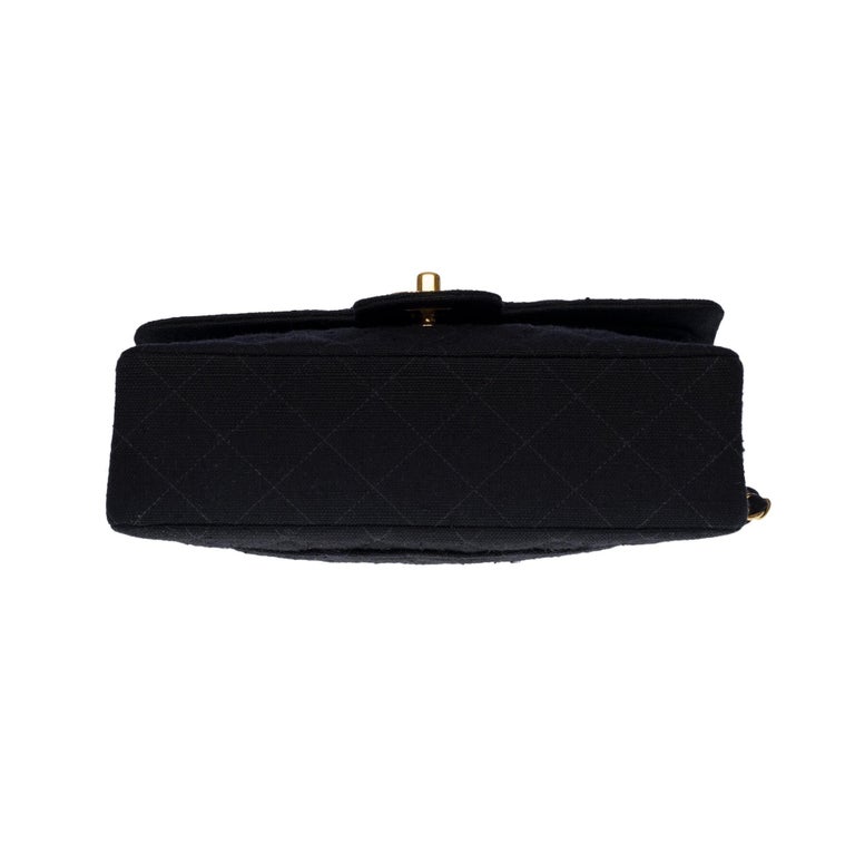 Chanel Timeless 23cm double flap handbag in black linen,GHW For