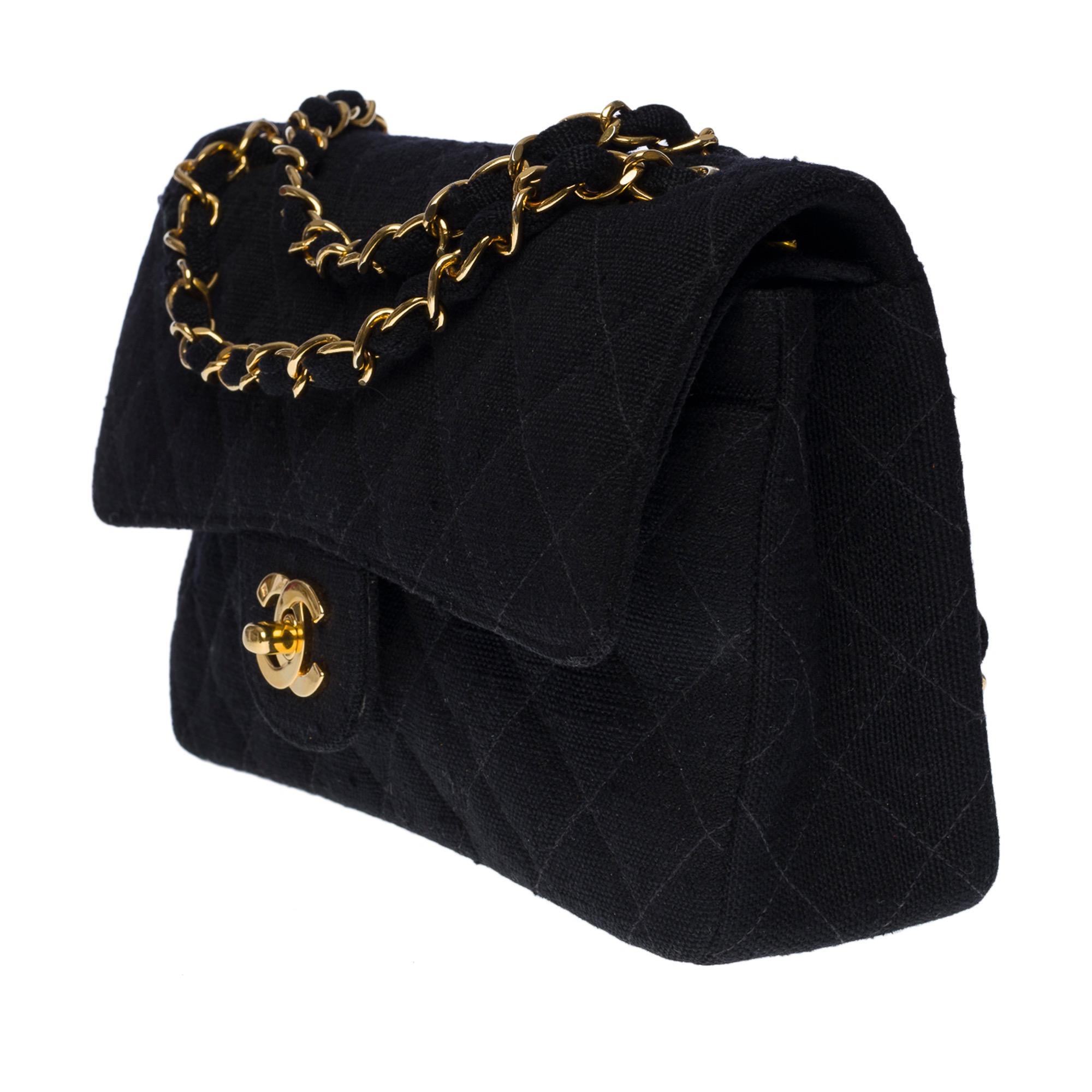 Women's Chanel Timeless 23cm double flap shoulder bag in black linen, GHW