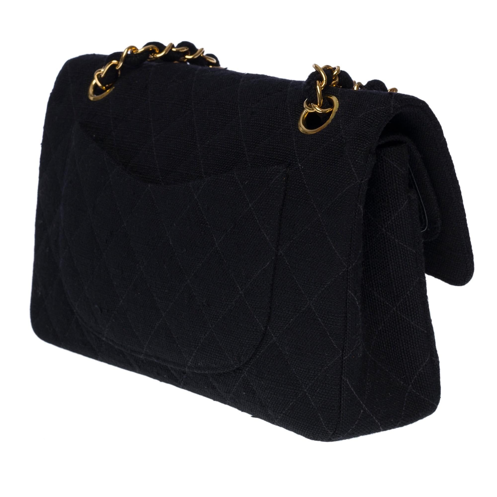 Chanel Timeless 23cm double flap shoulder bag in black linen, GHW 1